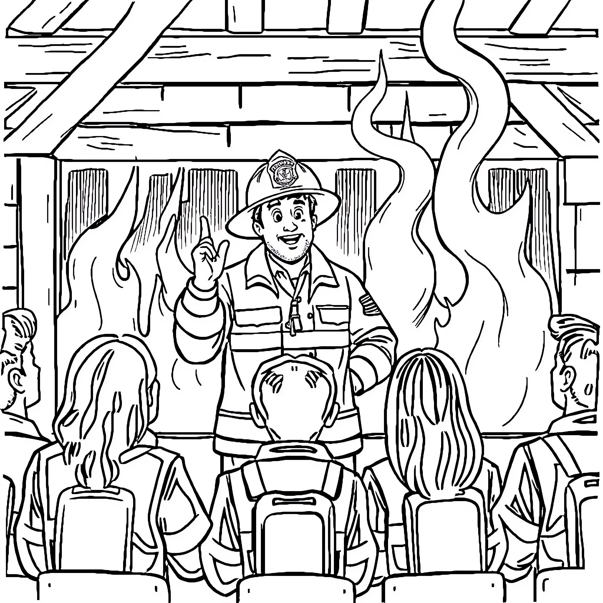 Fire Marshall Educating Audience on Fire Safety Coloring Page (free black-and-white line drawing printable PDF for all, from beginners to advanced learners, including children, teens, adults, and seniors)