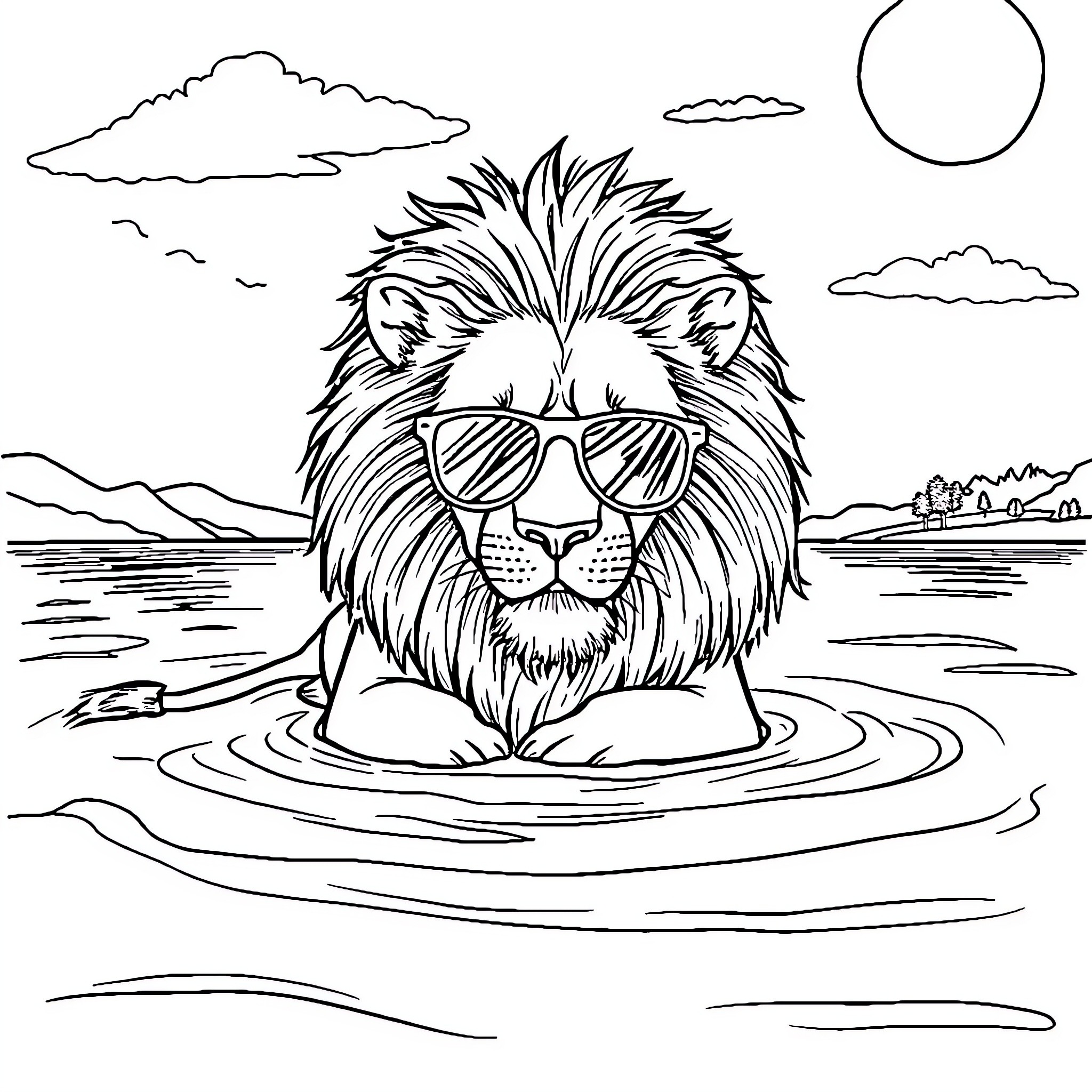 Lion relaxing in a tranquil lake Coloring Page (free black-and-white line drawing printable PDF for all, from beginners to advanced learners, including children, teens, adults, and seniors)
