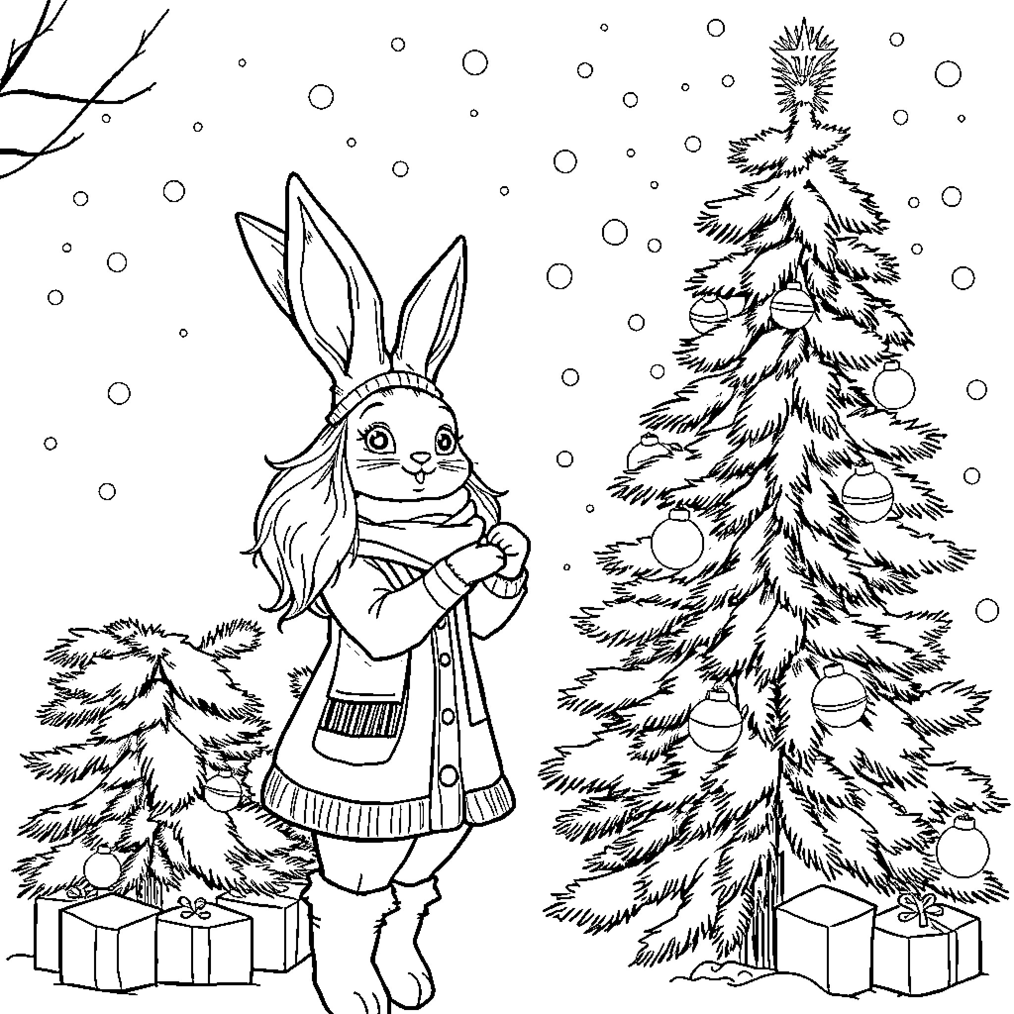 Rabbit standing by a decorated Christmas tree Coloring Page (free black-and-white line drawing printable PDF for all, from beginners to advanced learners, including children, teens, adults, and seniors)