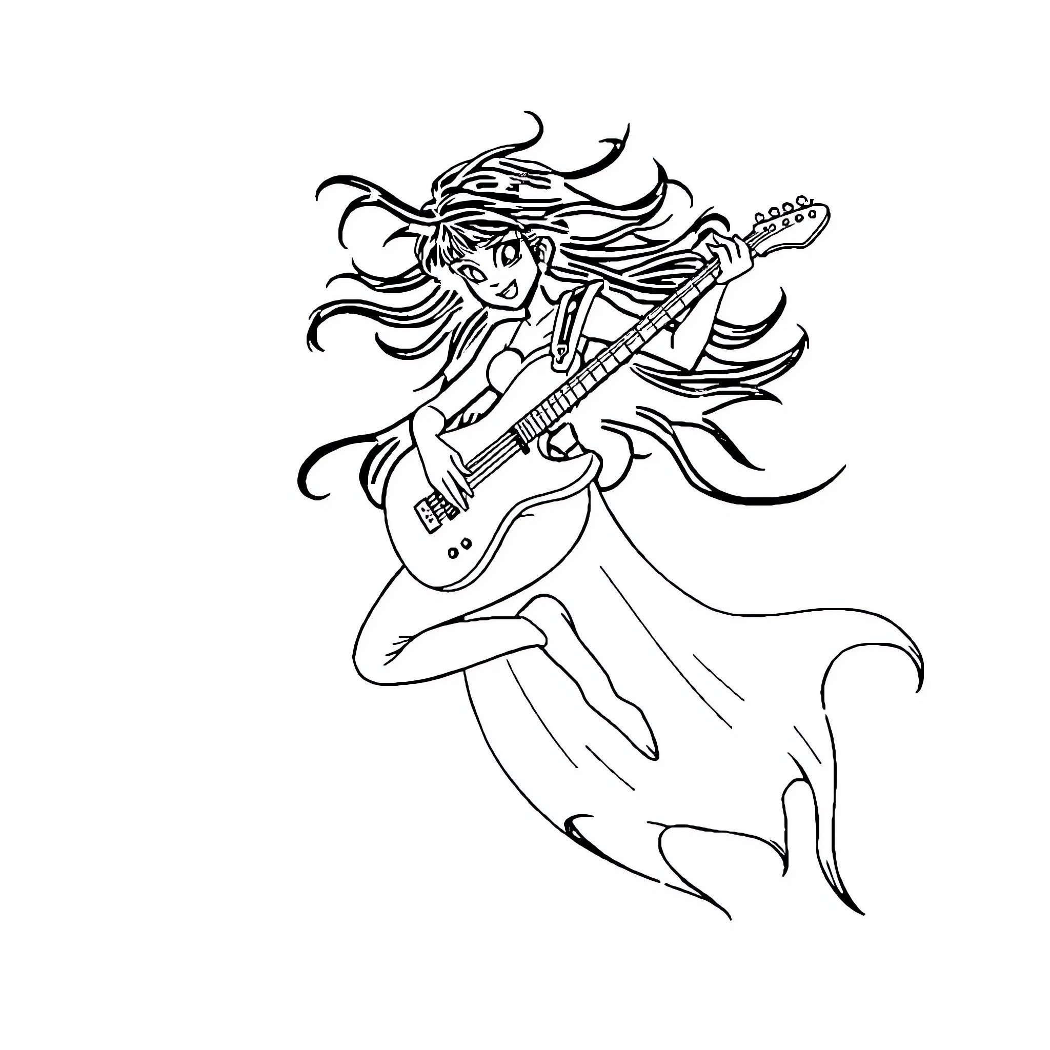 Marceline rocking out with her guitar Coloring Page (free black-and-white line drawing printable PDF for all, from beginners to advanced learners, including children, teens, adults, and seniors)