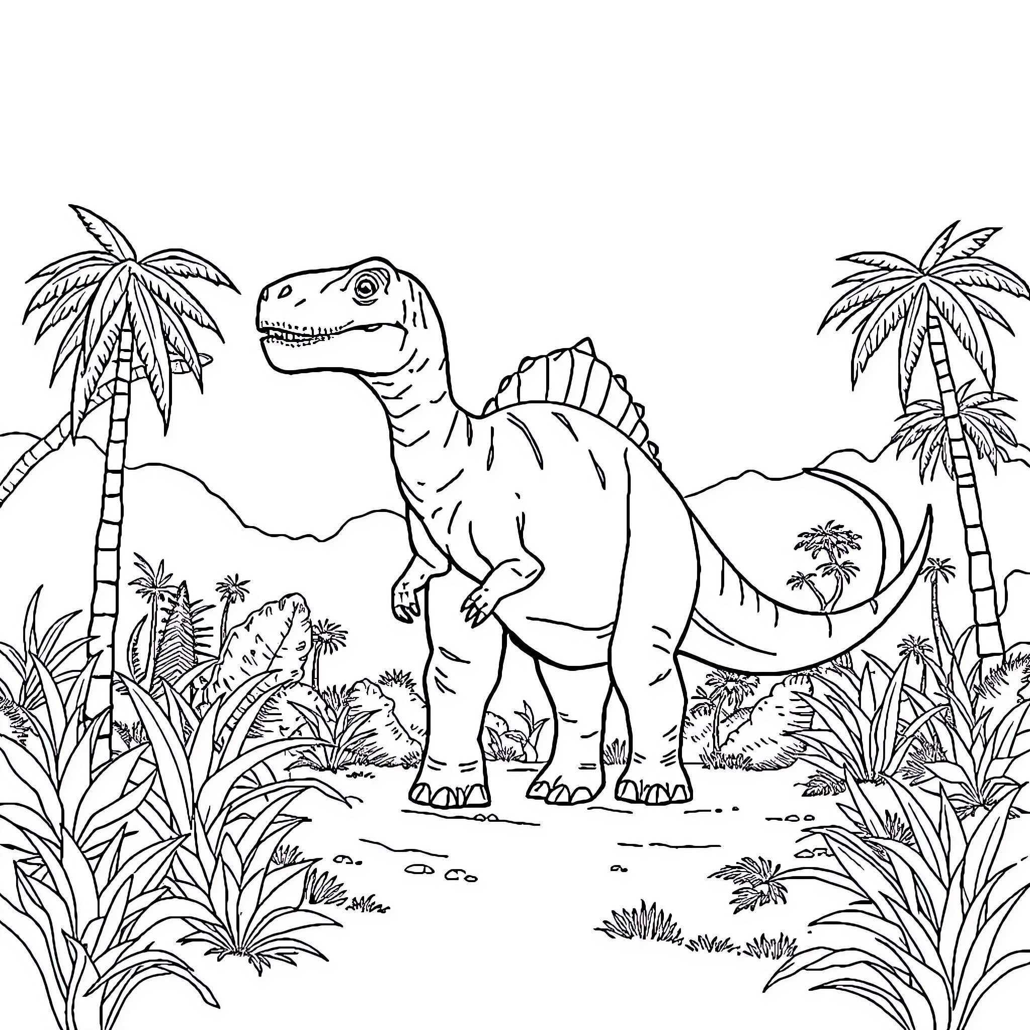 Dinosaur exploring lush prehistoric landscape Coloring Page (free black-and-white line drawing printable PDF for all, from beginners to advanced learners, including children, teens, adults, and seniors)