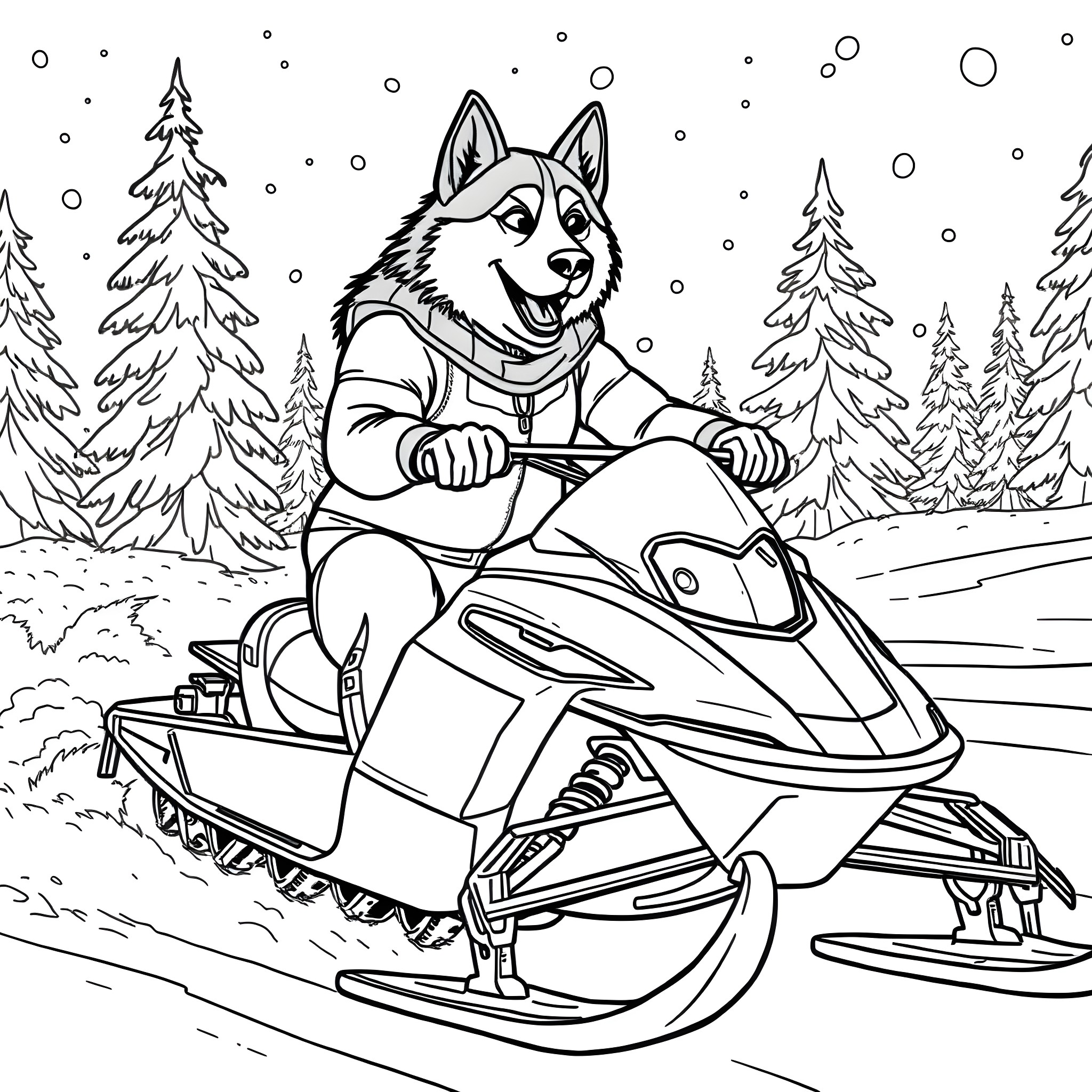 Husky riding a snowmobile in the snowy forest Coloring Page (free black-and-white line drawing printable PDF for all, from beginners to advanced learners, including children, teens, adults, and seniors)