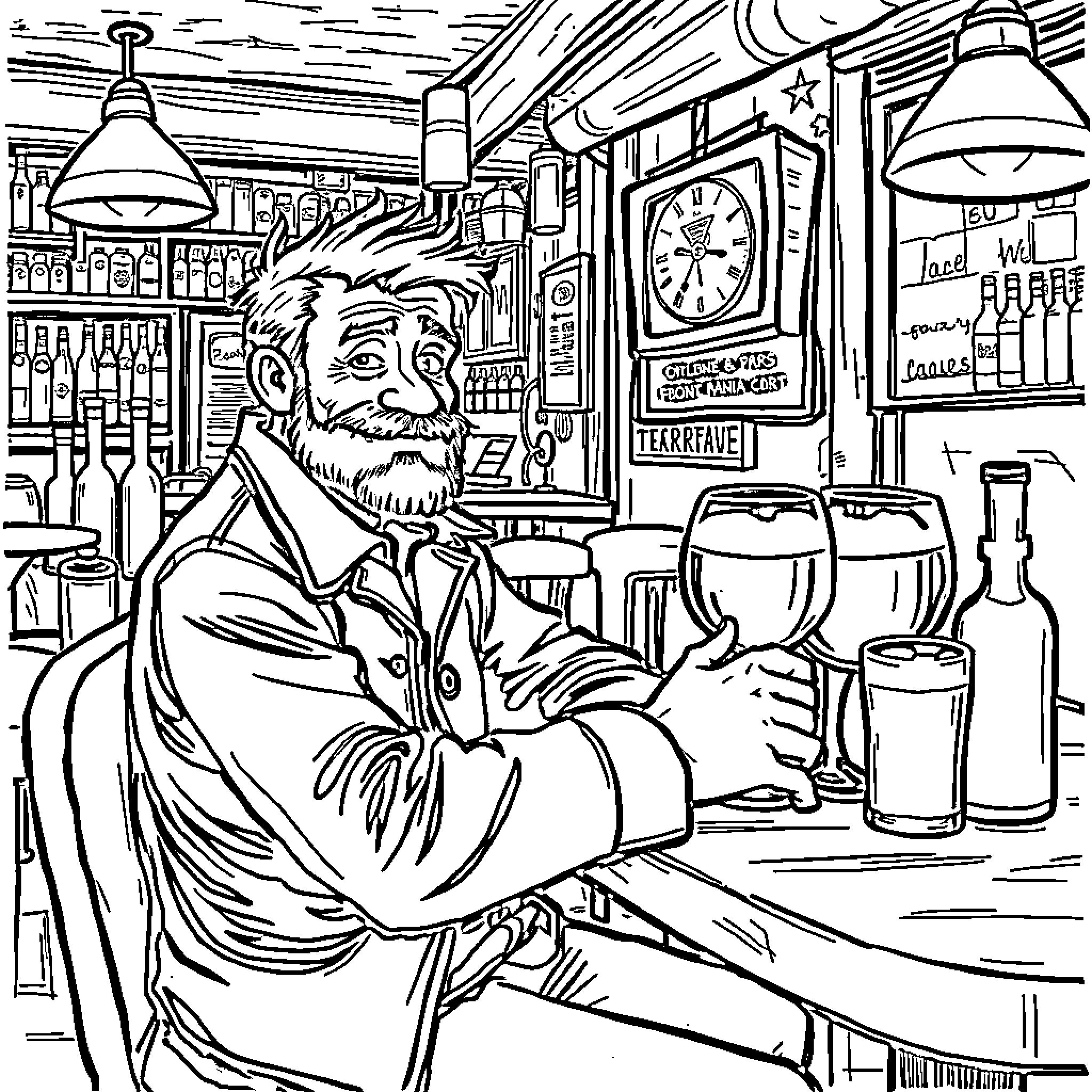 Dwarf bartender serving drinks in cozy tavern Coloring Page (free black-and-white line drawing printable PDF for all, from beginners to advanced learners, including children, teens, adults, and seniors)