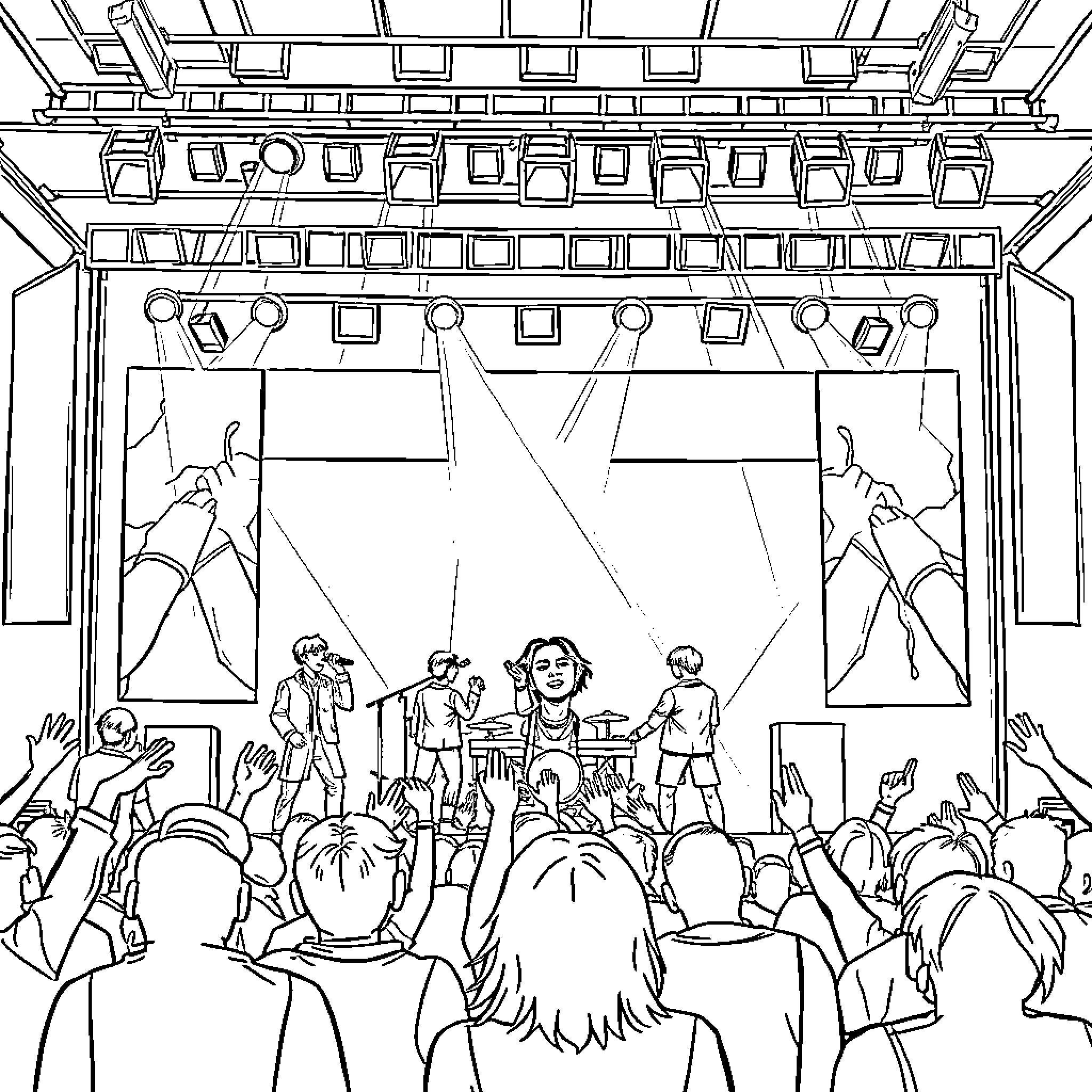 BTS Performing on Stage with Energetic Crowd Coloring Page (free black-and-white line drawing printable PDF for all, from beginners to advanced learners, including children, teens, adults, and seniors)