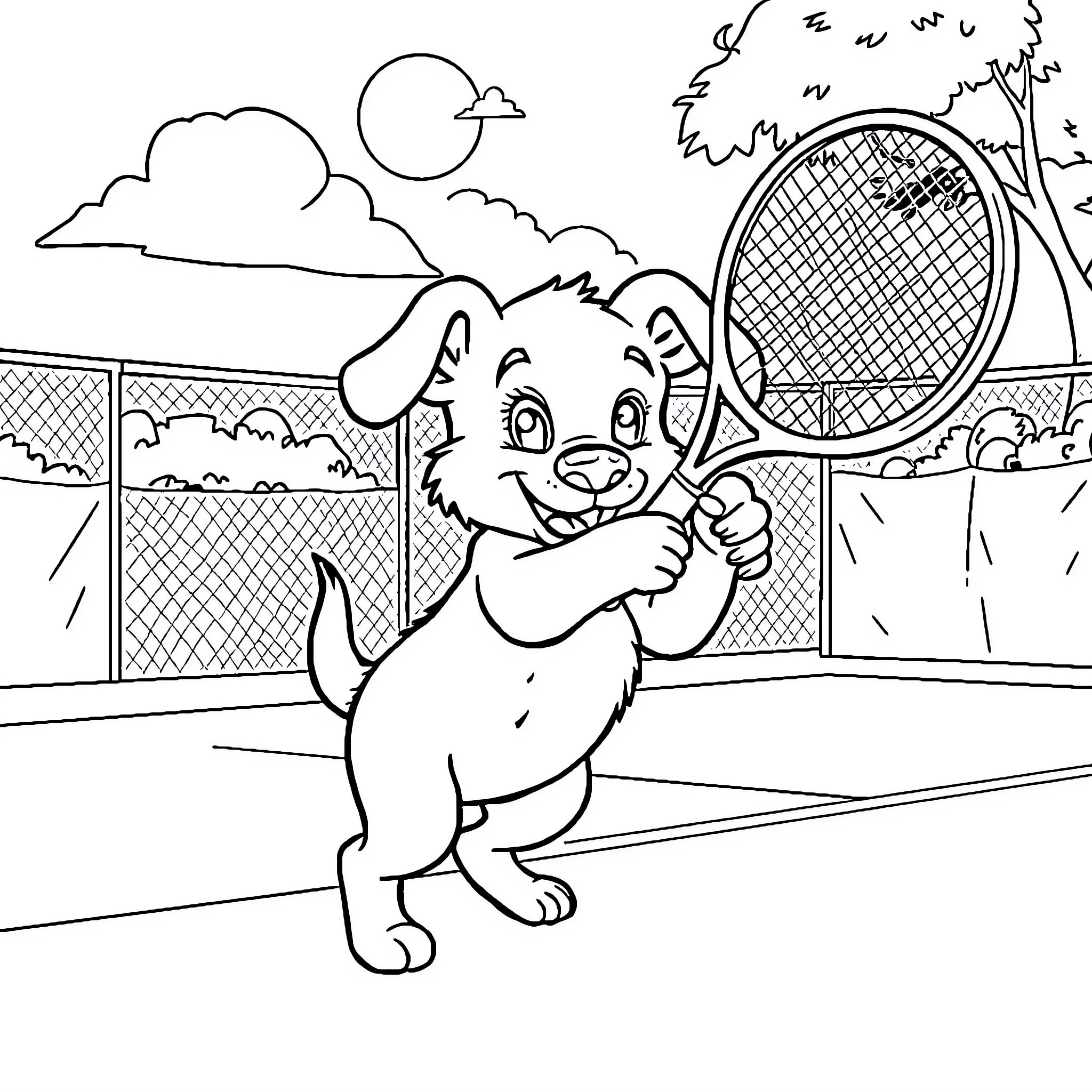Bluey Playing Tennis on the Court Coloring Page (free black-and-white line drawing printable PDF for all, from beginners to advanced learners, including children, teens, adults, and seniors)