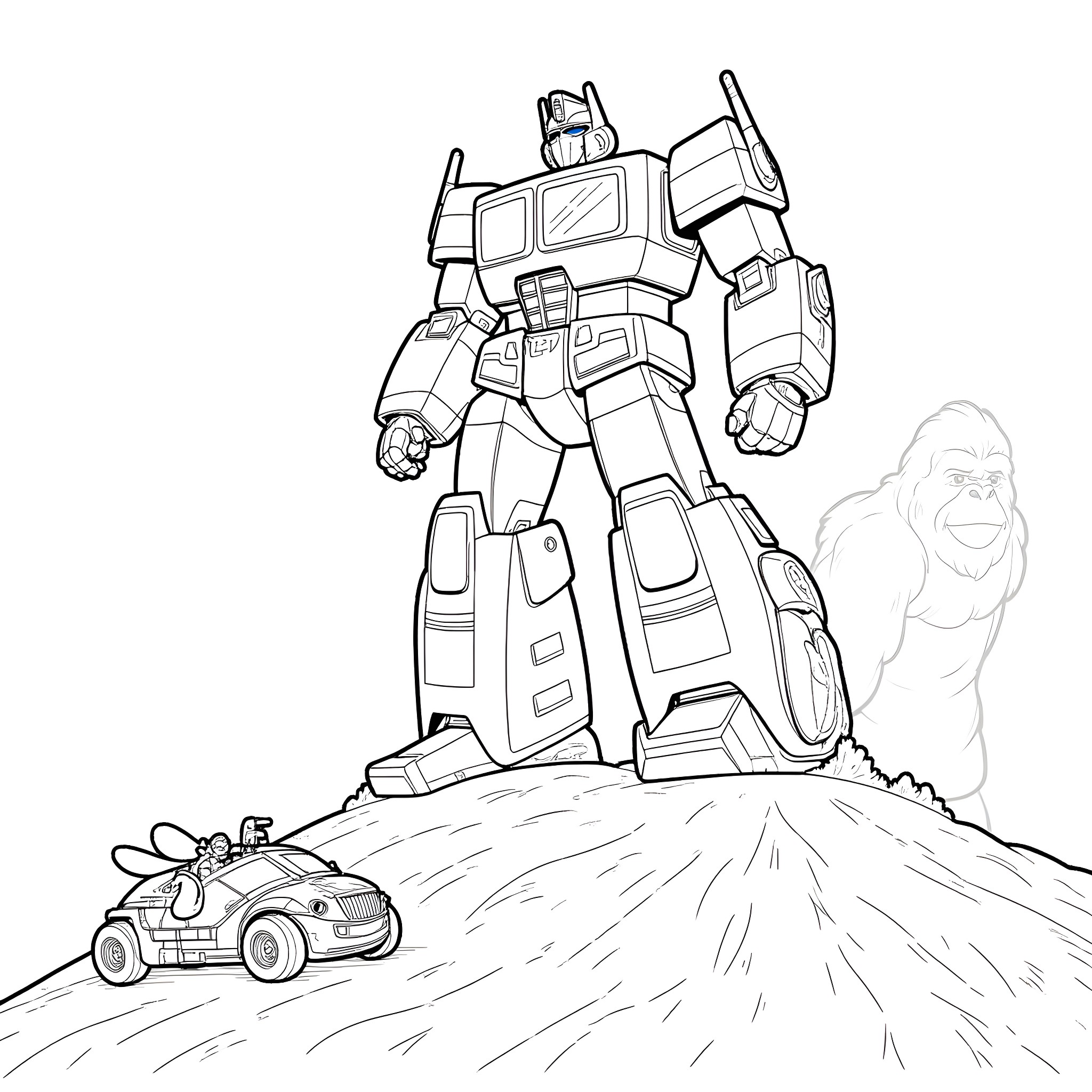 Optimus Prime battles against a toy car on a rocky landscape Coloring Page (free black-and-white line drawing printable PDF for all, from beginners to advanced learners, including children, teens, adults, and seniors)