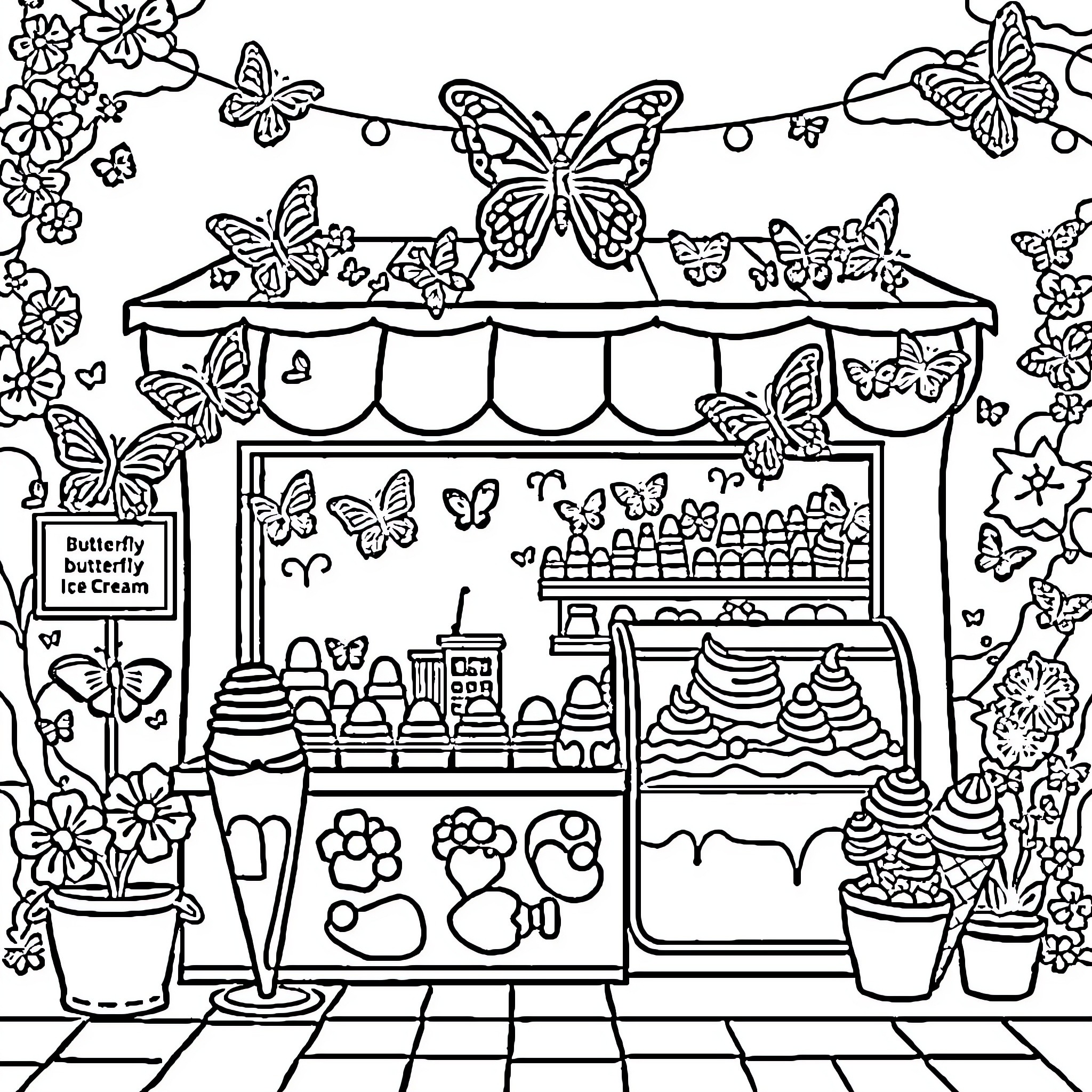 Butterfly ice cream shop with whimsical decor Coloring Page (free black-and-white line drawing printable PDF for all, from beginners to advanced learners, including children, teens, adults, and seniors)