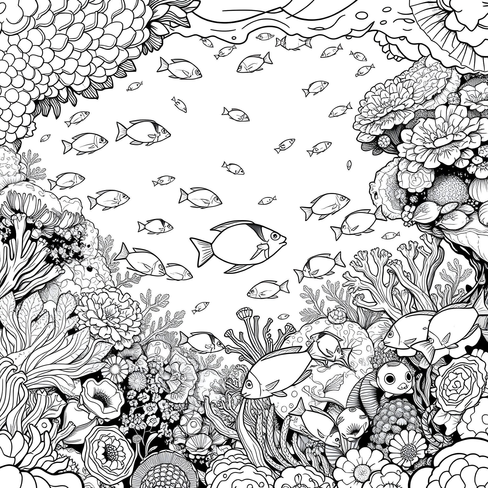 Fish and floral underwater scene Coloring Page (free black-and-white line drawing printable PDF for all, from beginners to advanced learners, including children, teens, adults, and seniors)
