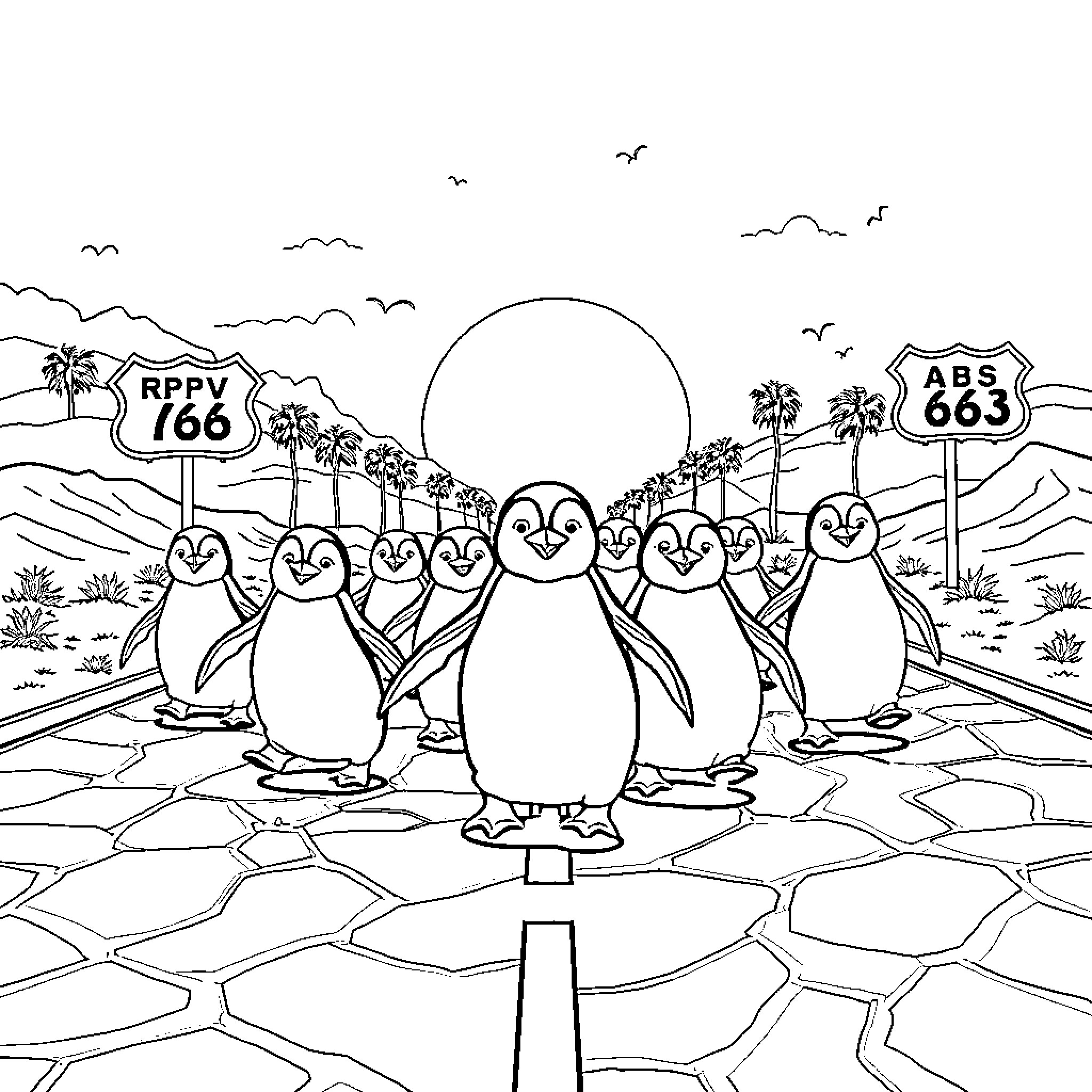Penguins gathered on the road in the desert Coloring Page (free black-and-white line drawing printable PDF for all, from beginners to advanced learners, including children, teens, adults, and seniors)