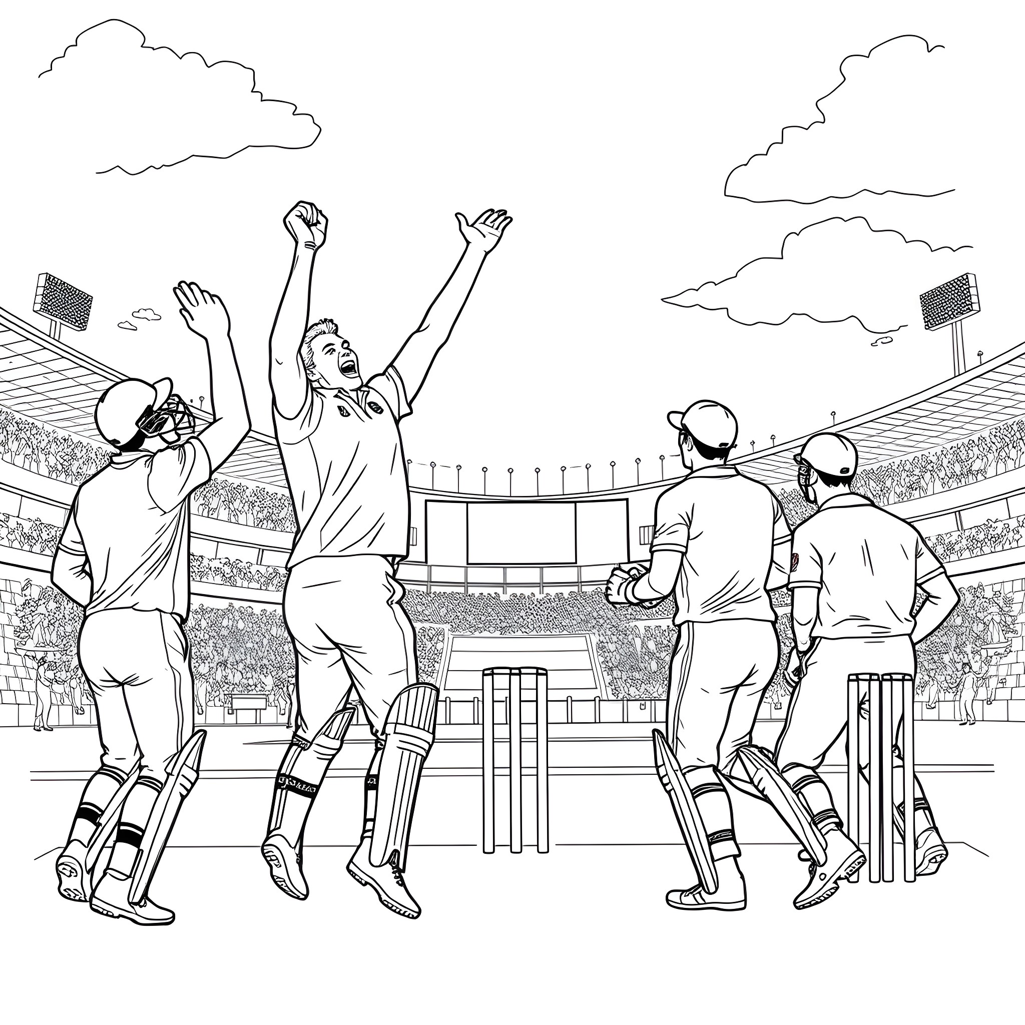 Cricket players celebrating victory on the field Coloring Page (free black-and-white line drawing printable PDF for all, from beginners to advanced learners, including children, teens, adults, and seniors)