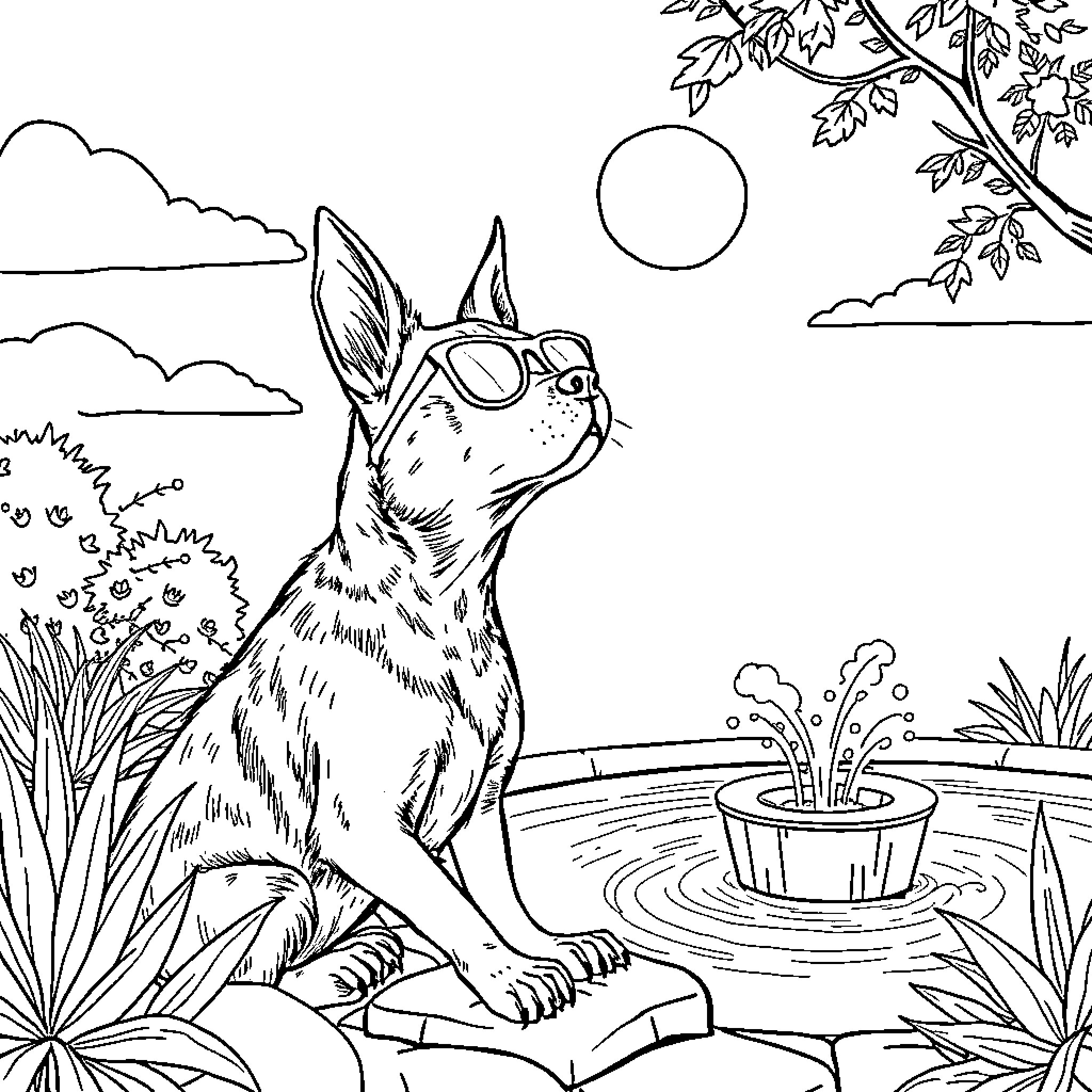 Perro enjoying a sunny day in the park Coloring Page (free black-and-white line drawing printable PDF for all, from beginners to advanced learners, including children, teens, adults, and seniors)