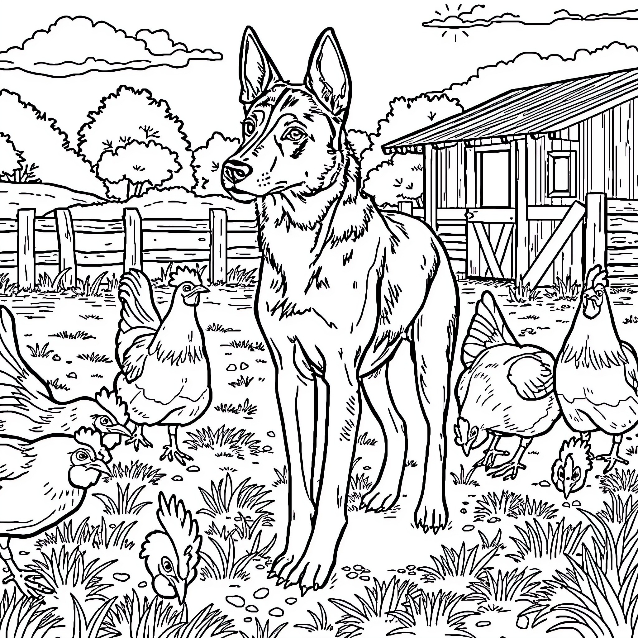 Dog standing guard in a farm scene Coloring Page (free black-and-white line drawing printable PDF for all, from beginners to advanced learners, including children, teens, adults, and seniors)