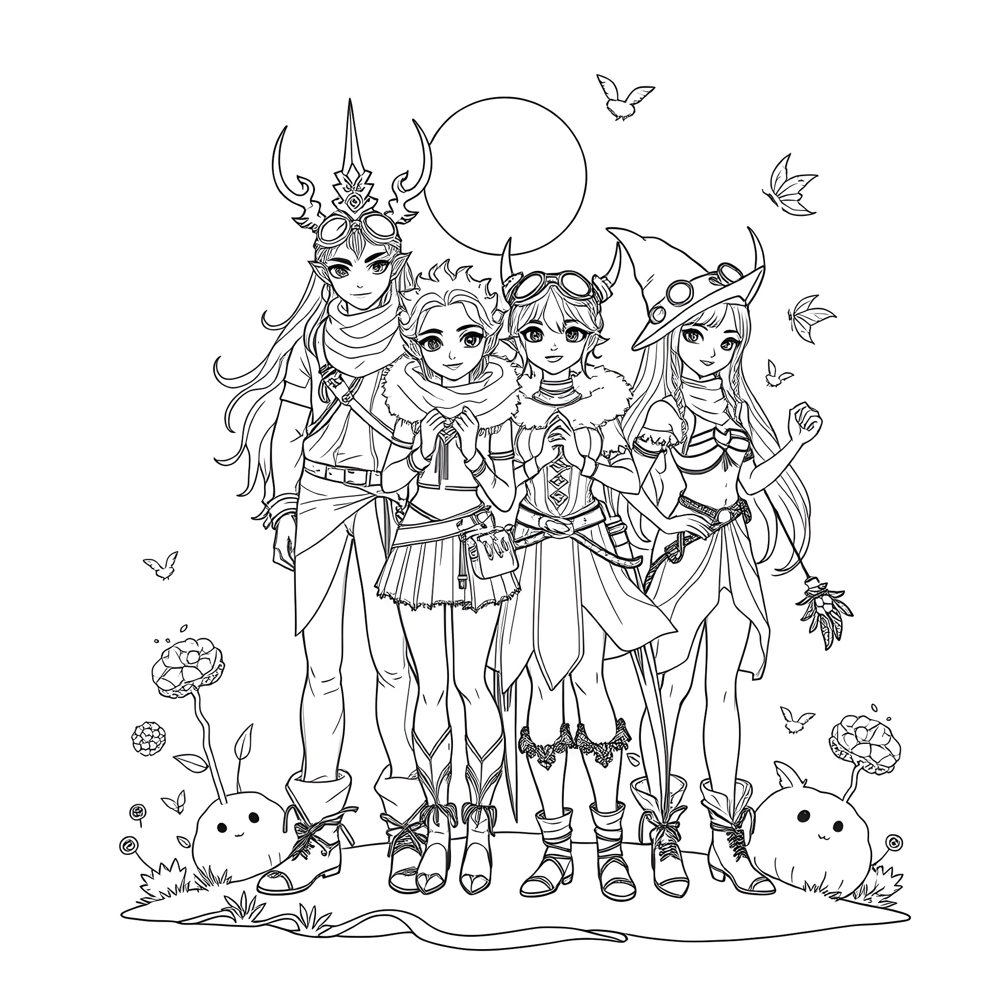 Amonti: Enchanted Adventurers in the Mystical Realm Coloring Page (free black-and-white line drawing printable PDF for all, from beginners to advanced learners, including children, teens, adults, and seniors)