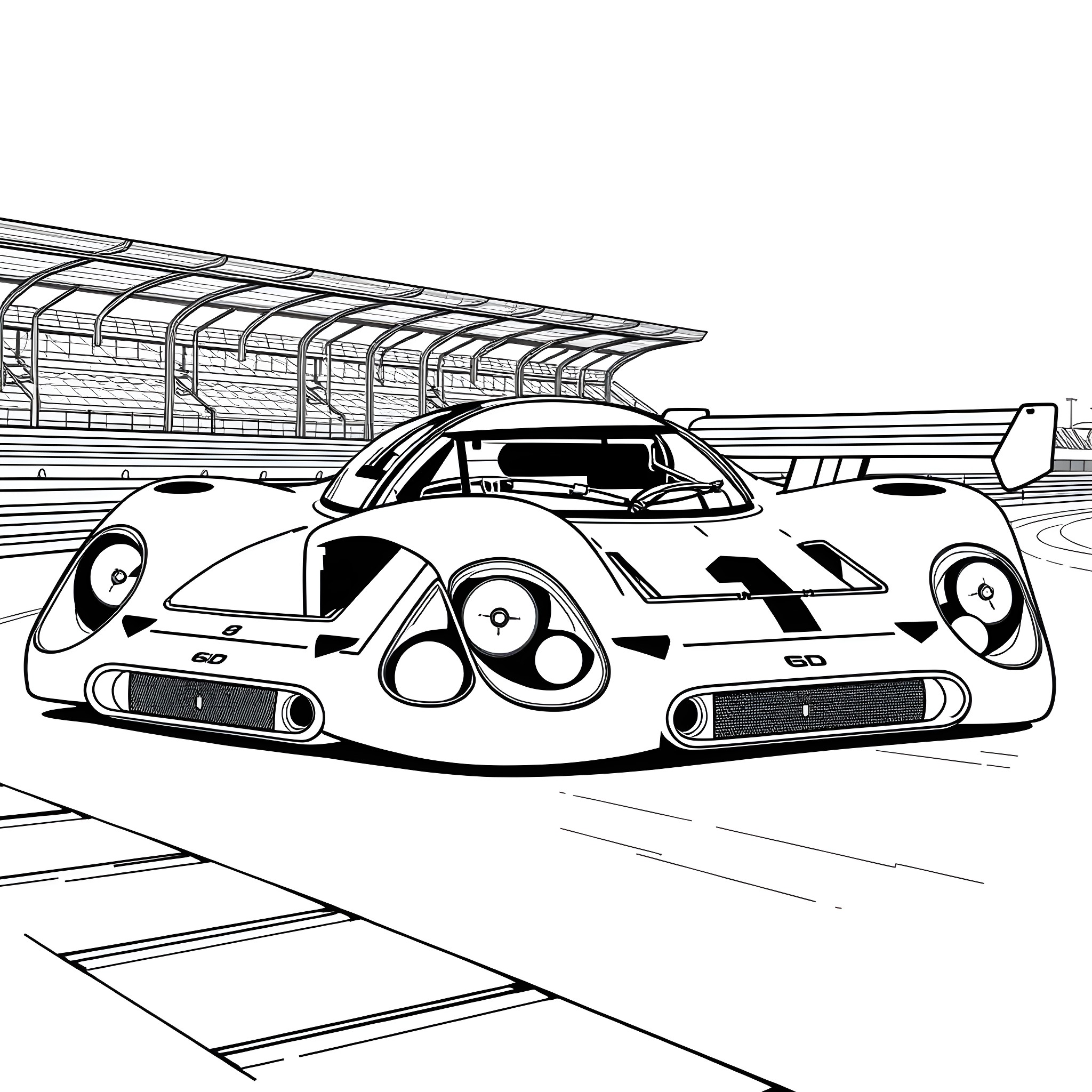 Porsche race car speeding on the track Coloring Page (free black-and-white line drawing printable PDF for all, from beginners to advanced learners, including children, teens, adults, and seniors)