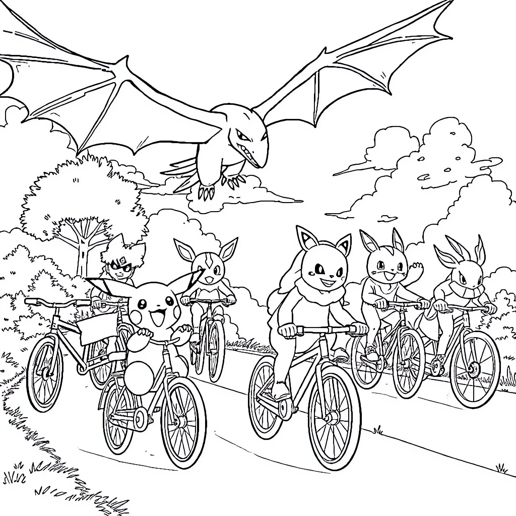 Pokémon Cycling Adventure with Friends Coloring Page (free black-and-white line drawing printable PDF for all, from beginners to advanced learners, including children, teens, adults, and seniors)