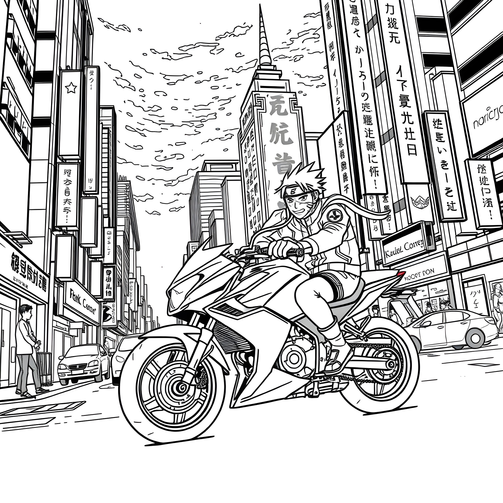 Naruto riding a motorcycle through the city Coloring Page (free black-and-white line drawing printable PDF for all, from beginners to advanced learners, including children, teens, adults, and seniors)