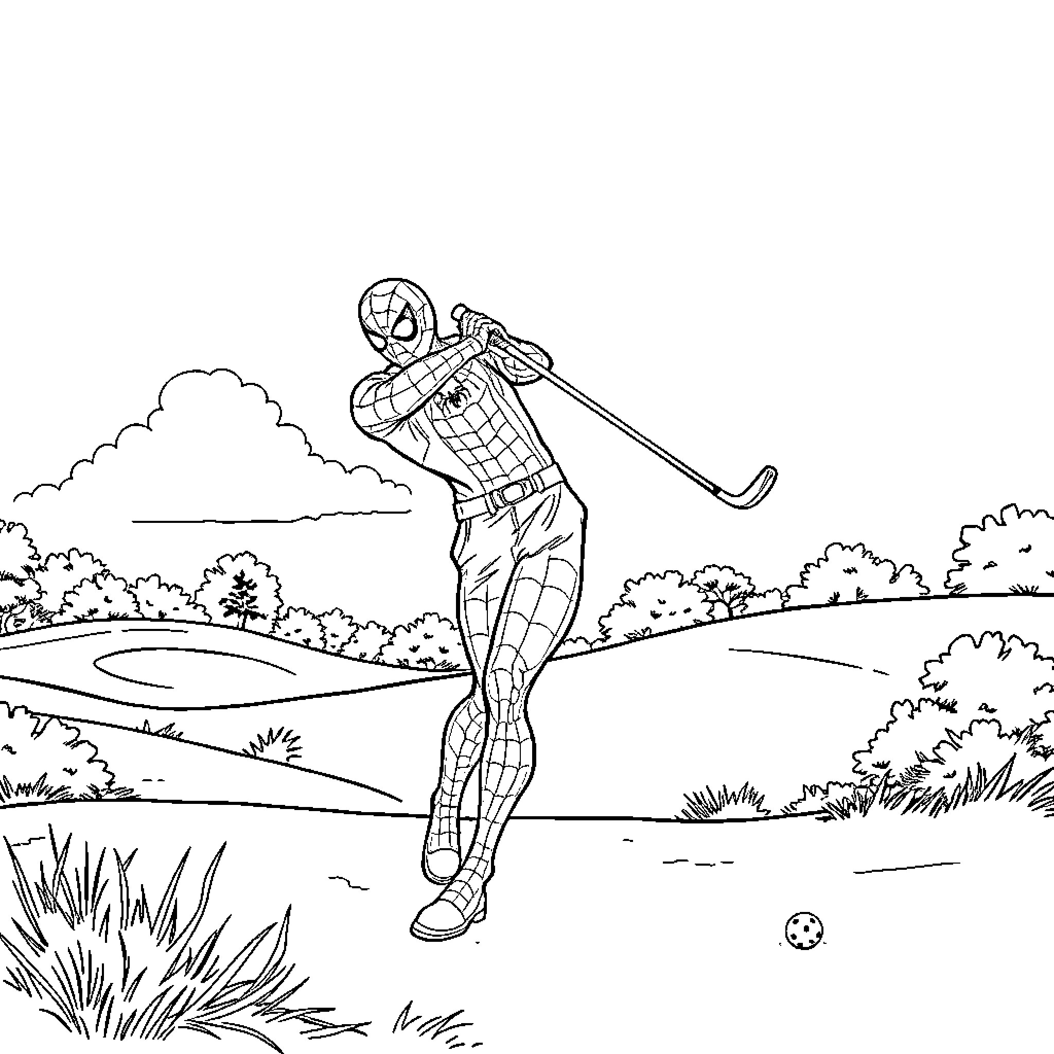 Spiderman playing golf on the scenic course Coloring Page (free black-and-white line drawing printable PDF for all, from beginners to advanced learners, including children, teens, adults, and seniors)