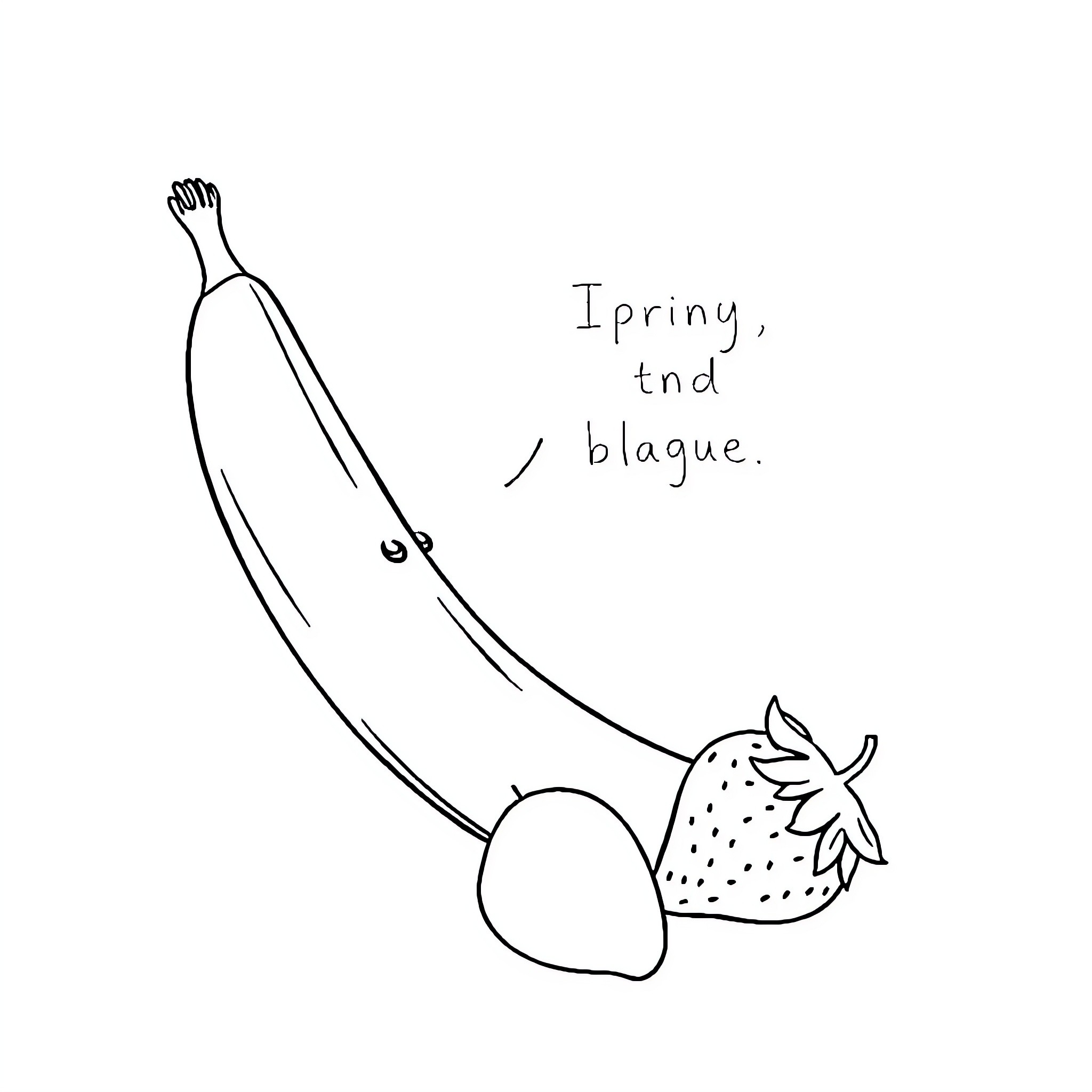 Banana falls from tree with a blague Coloring Page (free black-and-white line drawing printable PDF for all, from beginners to advanced learners, including children, teens, adults, and seniors)