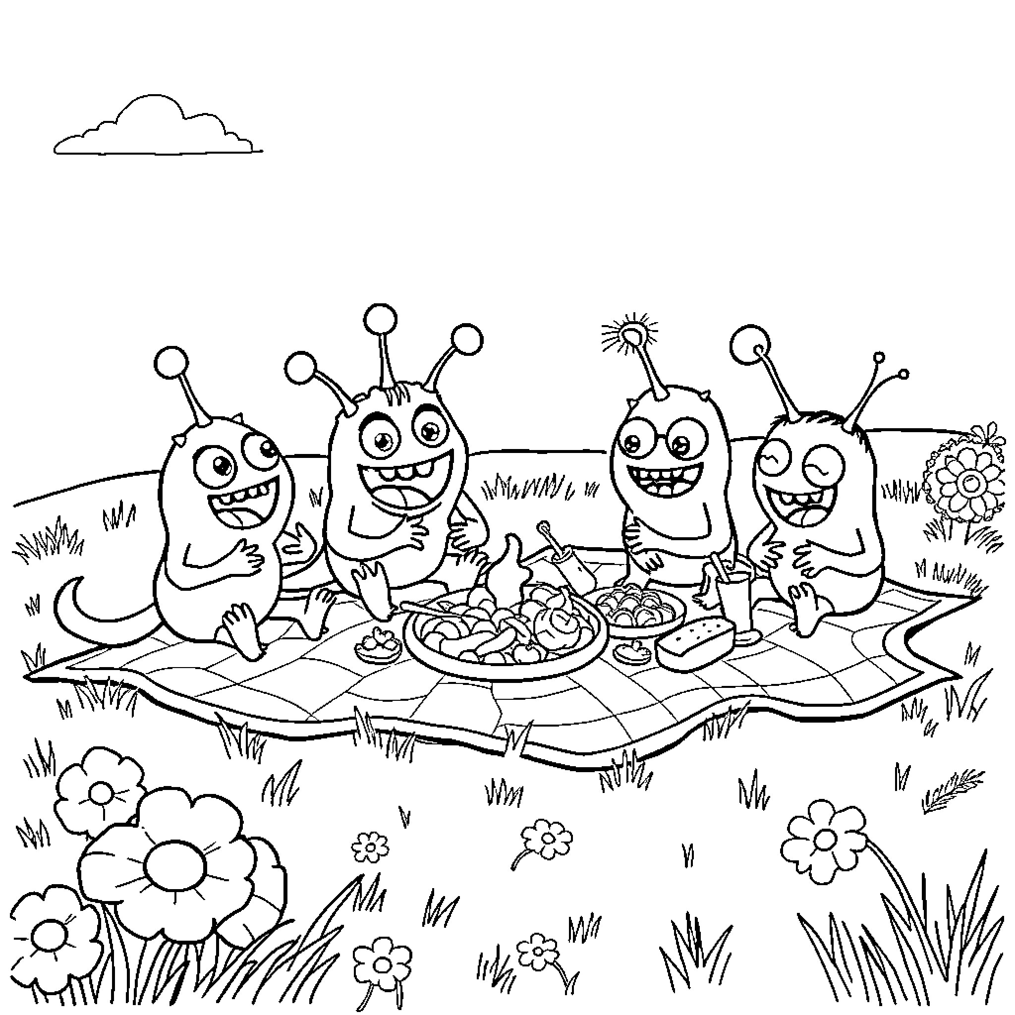 Monster Creatures Enjoying a Picnic Outdoors Coloring Page (free black-and-white line drawing printable PDF for all, from beginners to advanced learners, including children, teens, adults, and seniors)