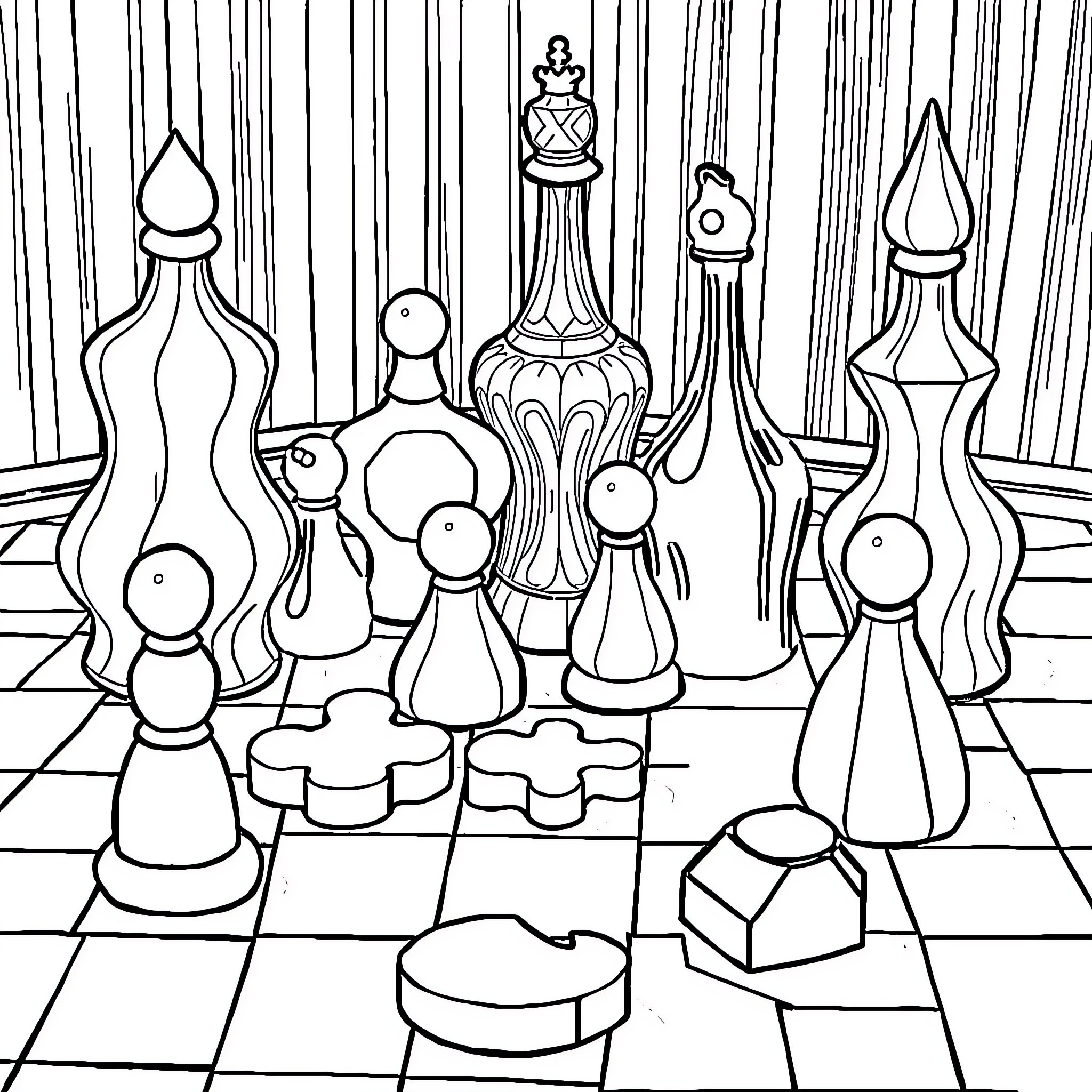 Chess Piece Arrangement in Abstract Artistic Style Coloring Page (free black-and-white line drawing printable PDF for all, from beginners to advanced learners, including children, teens, adults, and seniors)