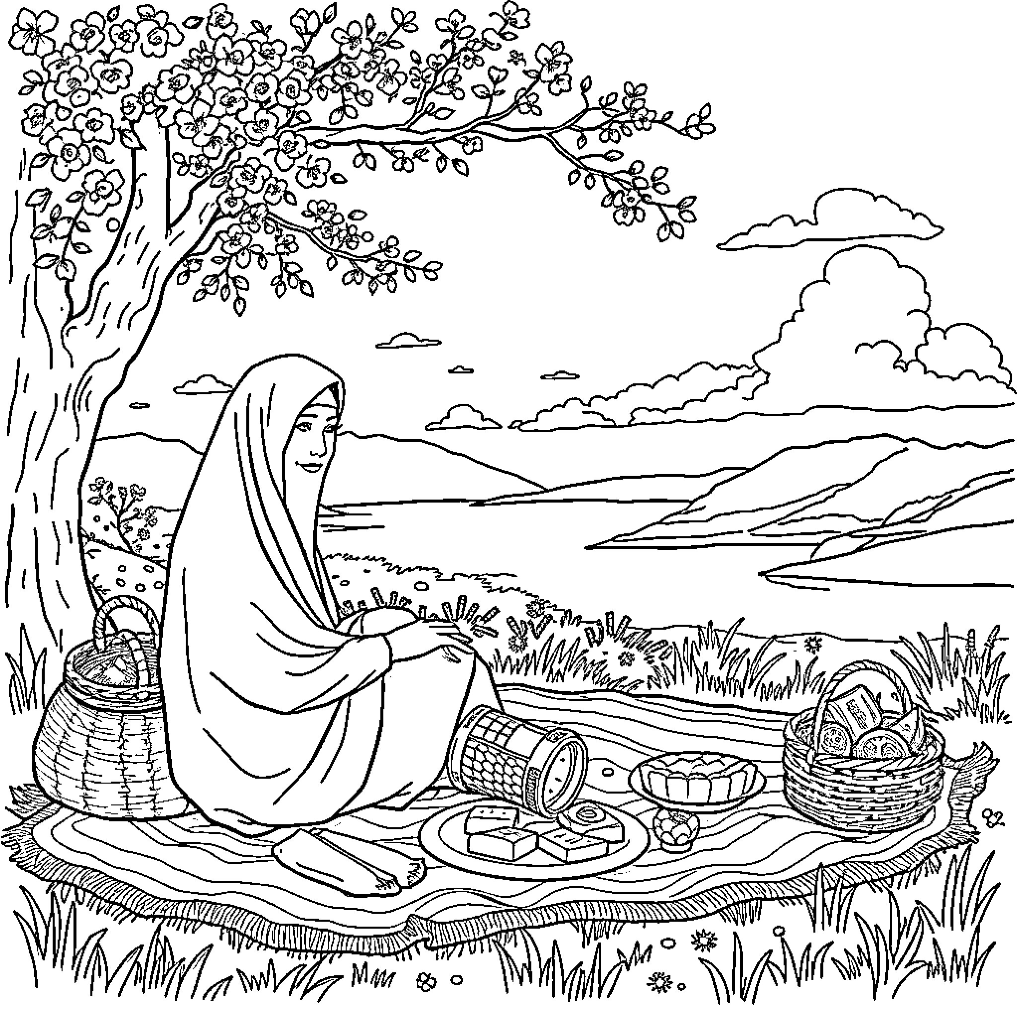 Woman enjoying picnic in idyllic nature landscape Coloring Page (free black-and-white line drawing printable PDF for all, from beginners to advanced learners, including children, teens, adults, and seniors)