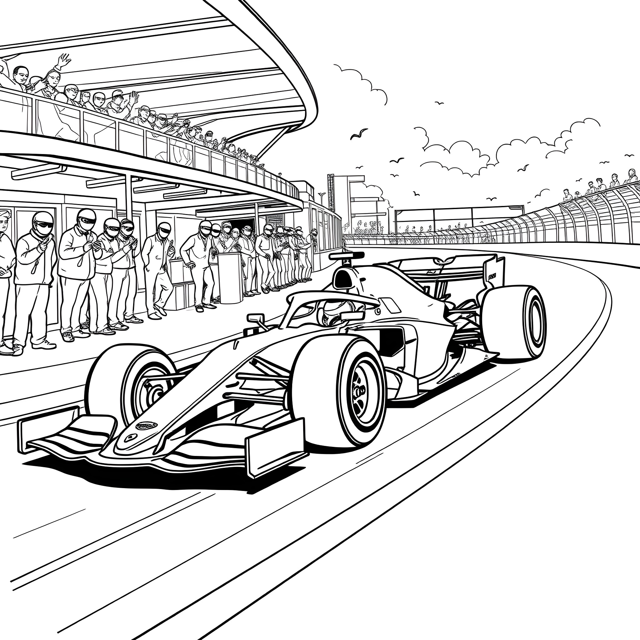 Formula 1 Car Racing on the Track with Spectators Coloring Page (free black-and-white line drawing printable PDF for all, from beginners to advanced learners, including children, teens, adults, and seniors)