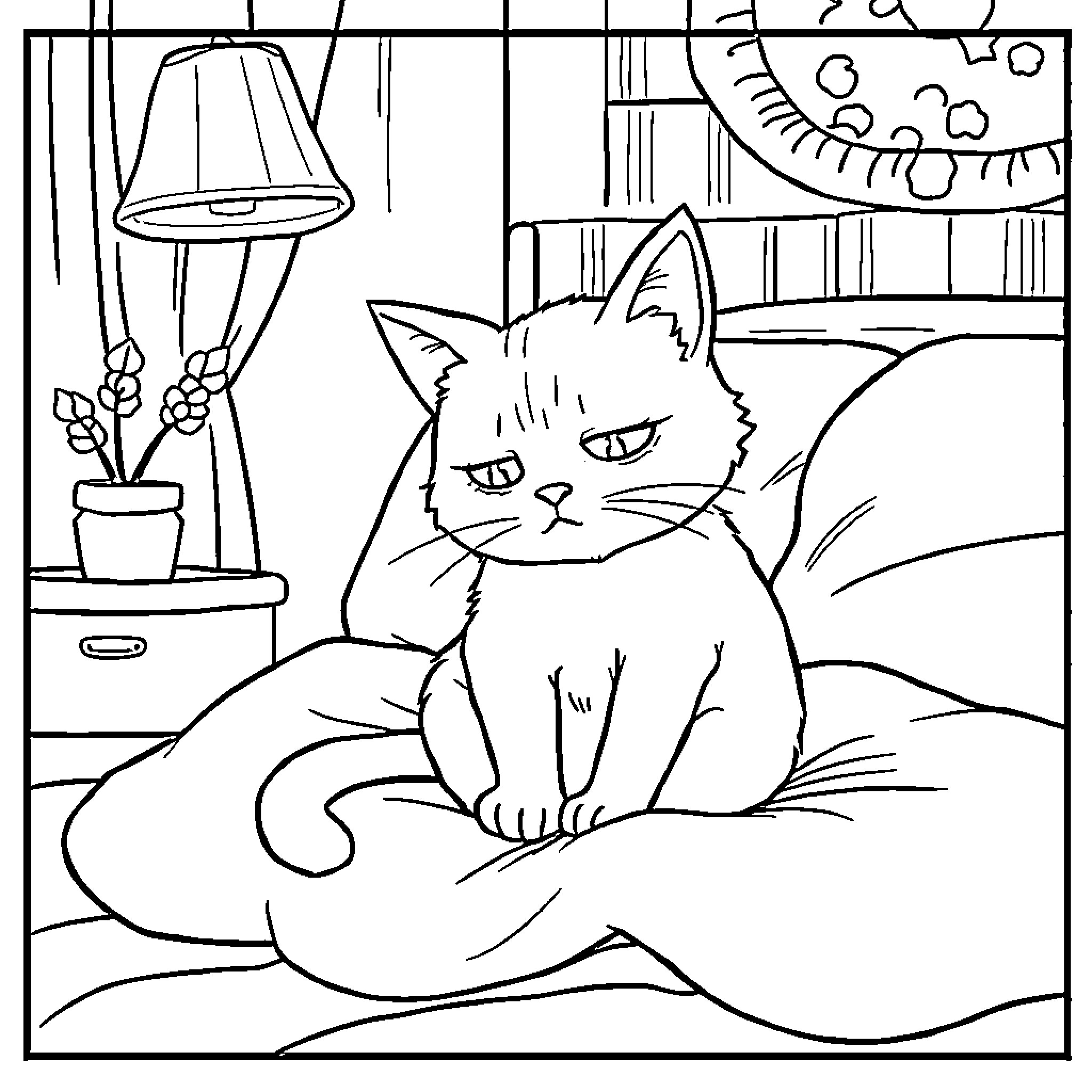 Cat resting comfortably in a cozy room Coloring Page (free black-and-white line drawing printable PDF for all, from beginners to advanced learners, including children, teens, adults, and seniors)
