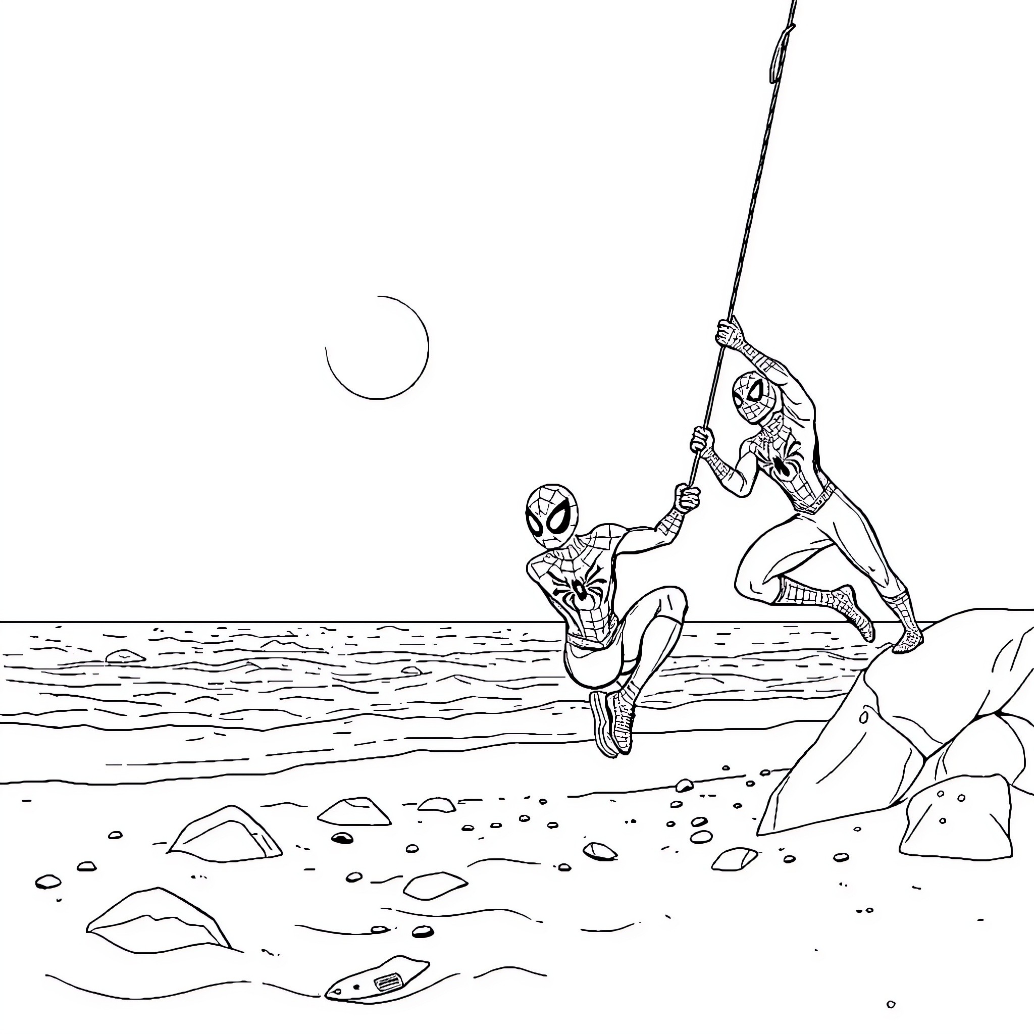 Spider-Man Swinging Above the Shoreline Coloring Page (free black-and-white line drawing printable PDF for all, from beginners to advanced learners, including children, teens, adults, and seniors)