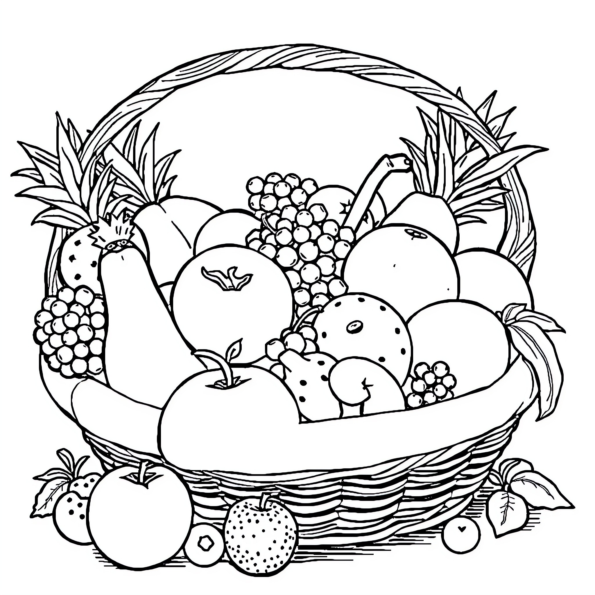 Fruit basket overflowing with bounty Coloring Page (free black-and-white line drawing printable PDF for all, from beginners to advanced learners, including children, teens, adults, and seniors)
