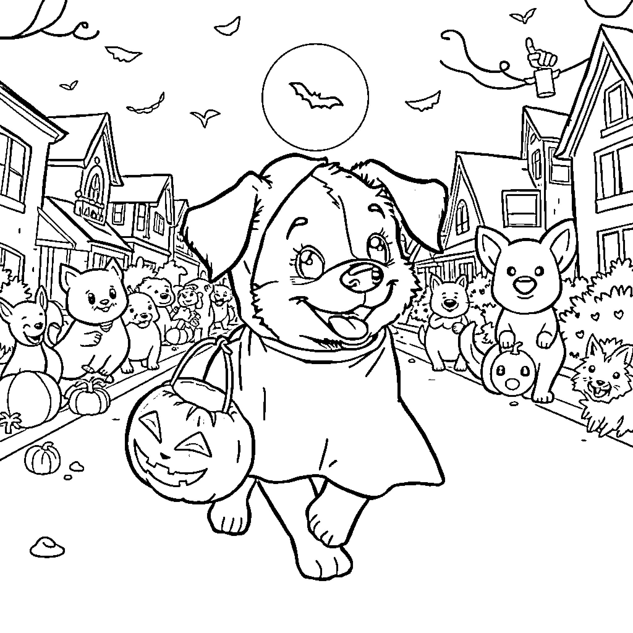 Dog enjoying Halloween festivities with animal friends Coloring Page (free black-and-white line drawing printable PDF for all, from beginners to advanced learners, including children, teens, adults, and seniors)