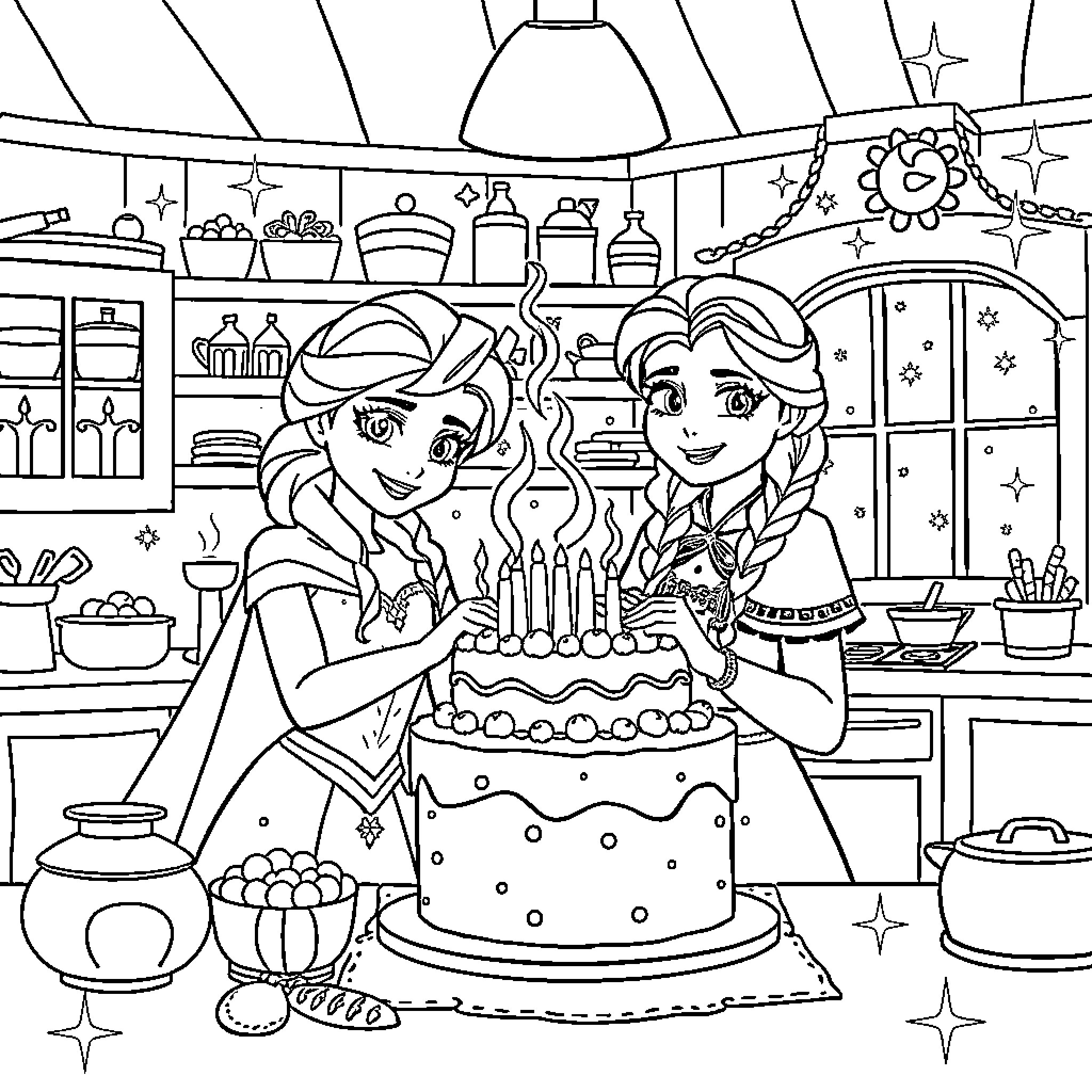 Elsa and Anna Baking a Cake Together in the Kitchen Coloring Page (free black-and-white line drawing printable PDF for all, from beginners to advanced learners, including children, teens, adults, and seniors)