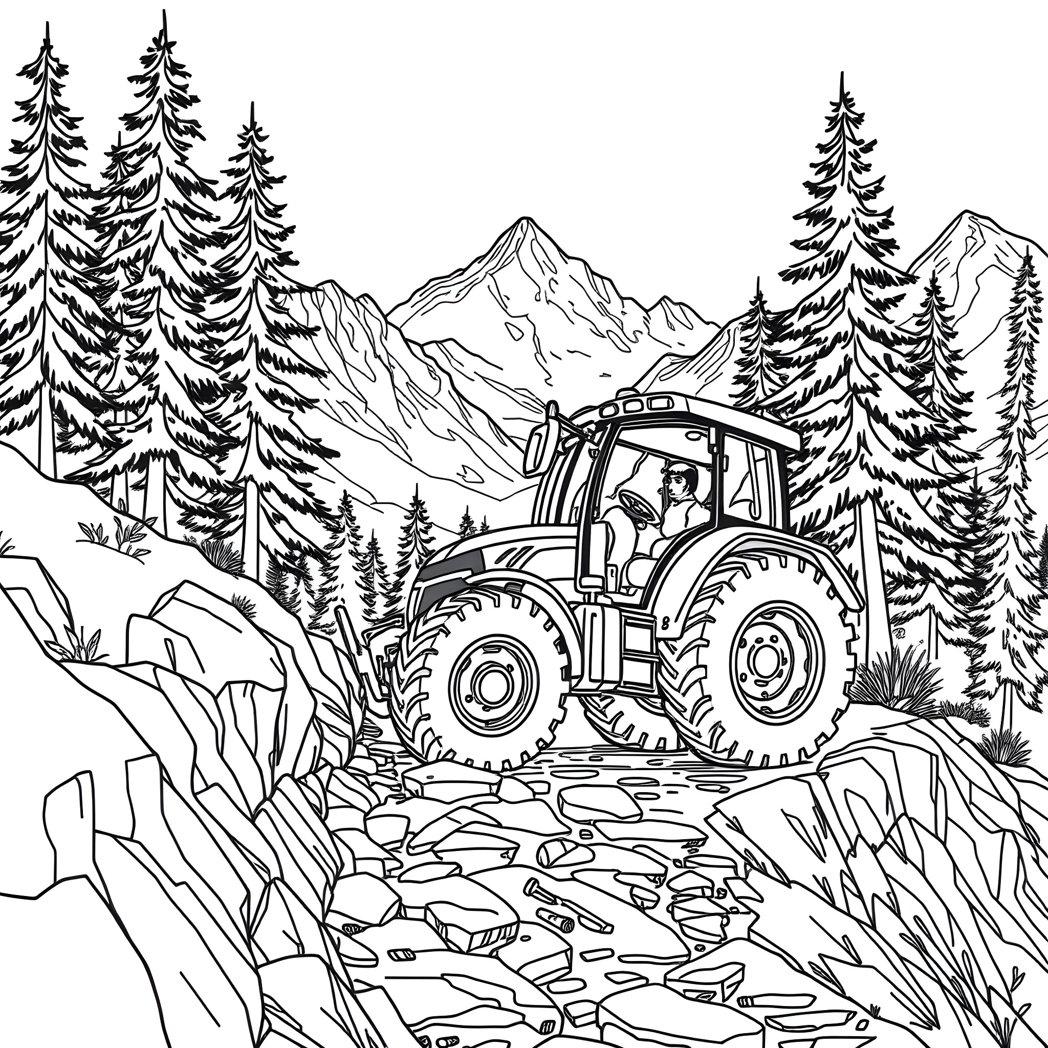 Tractor navigating rugged mountain terrain Coloring Page (free black-and-white line drawing printable PDF for all, from beginners to advanced learners, including children, teens, adults, and seniors)