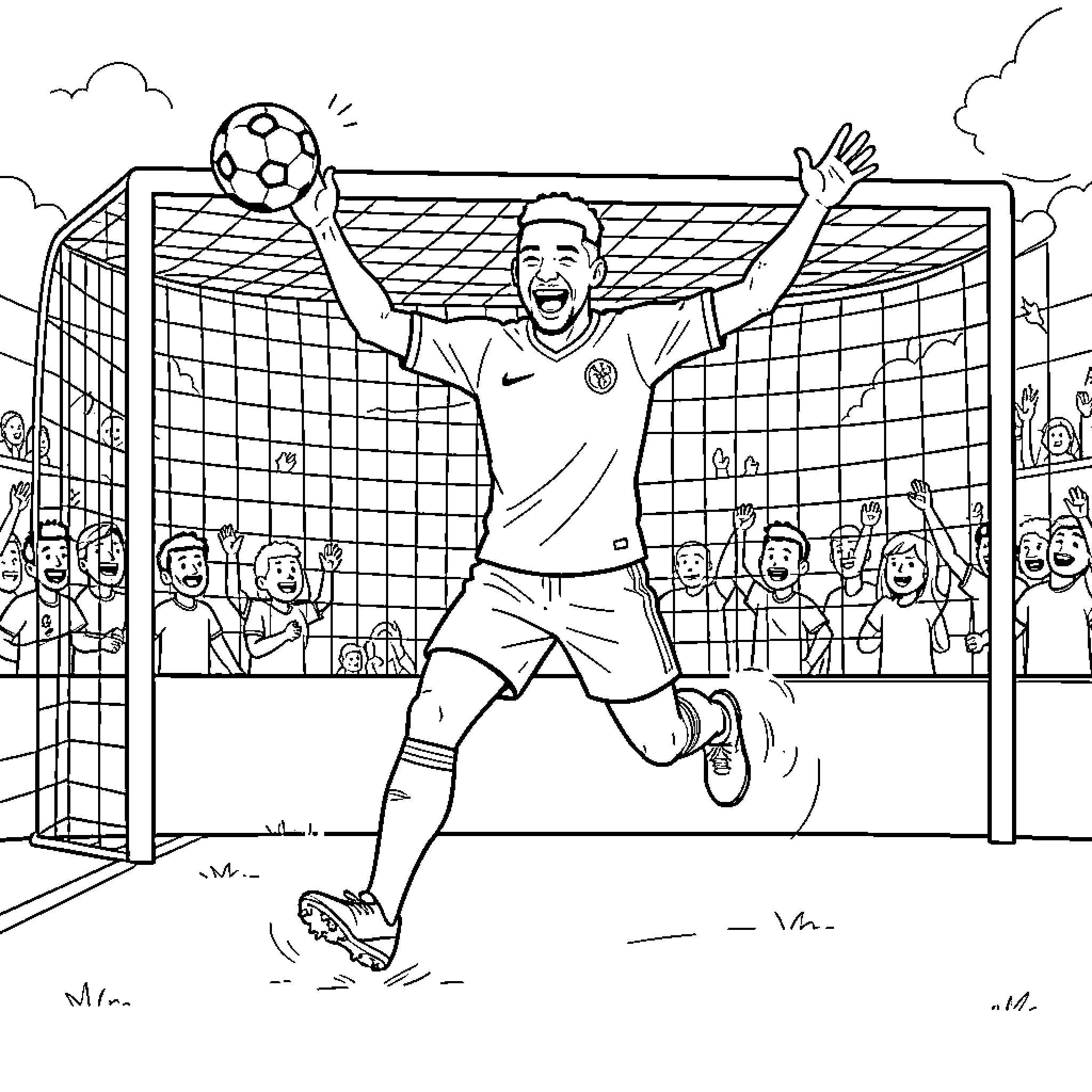 Neymar celebrating a goal in a soccer match Coloring Page (free black-and-white line drawing printable PDF for all, from beginners to advanced learners, including children, teens, adults, and seniors)