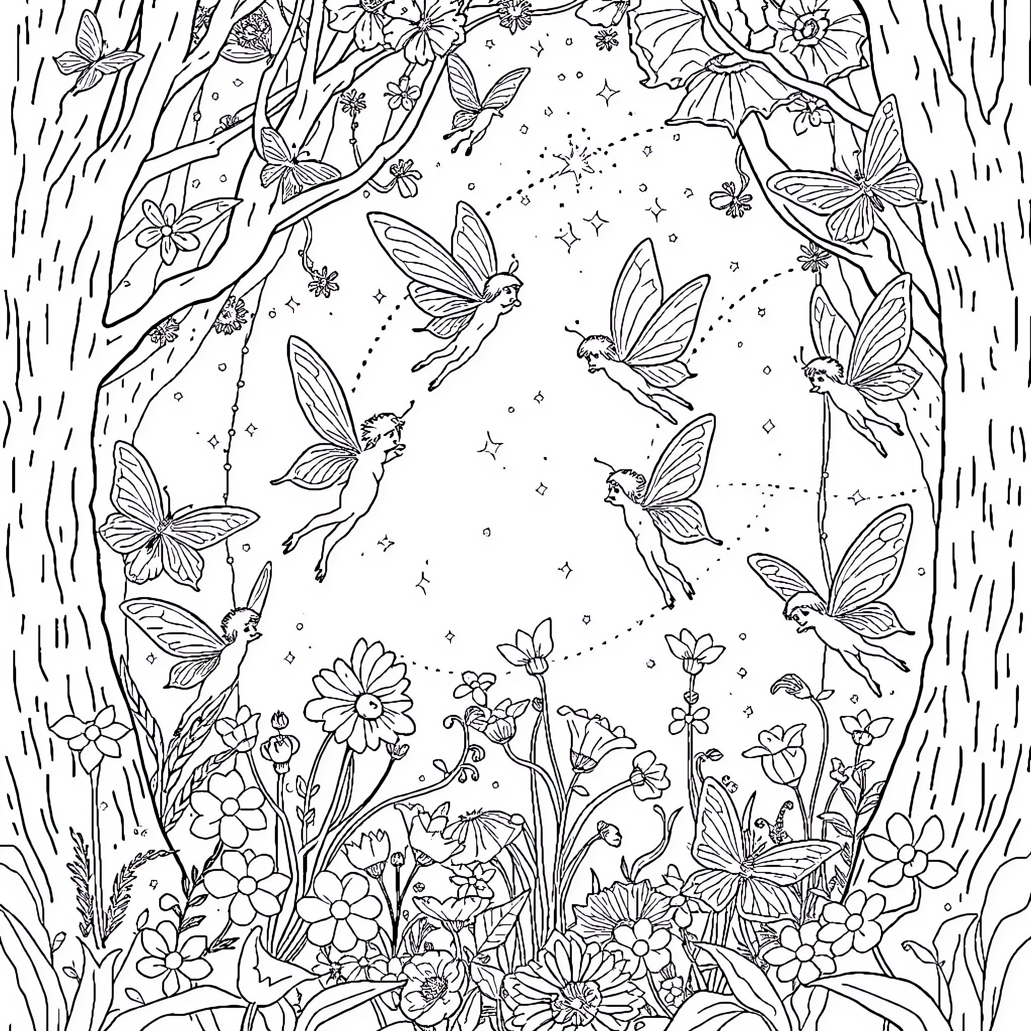 Fairy Forest Enchantment with Whimsical Creatures Coloring Page (free black-and-white line drawing printable PDF for all, from beginners to advanced learners, including children, teens, adults, and seniors)