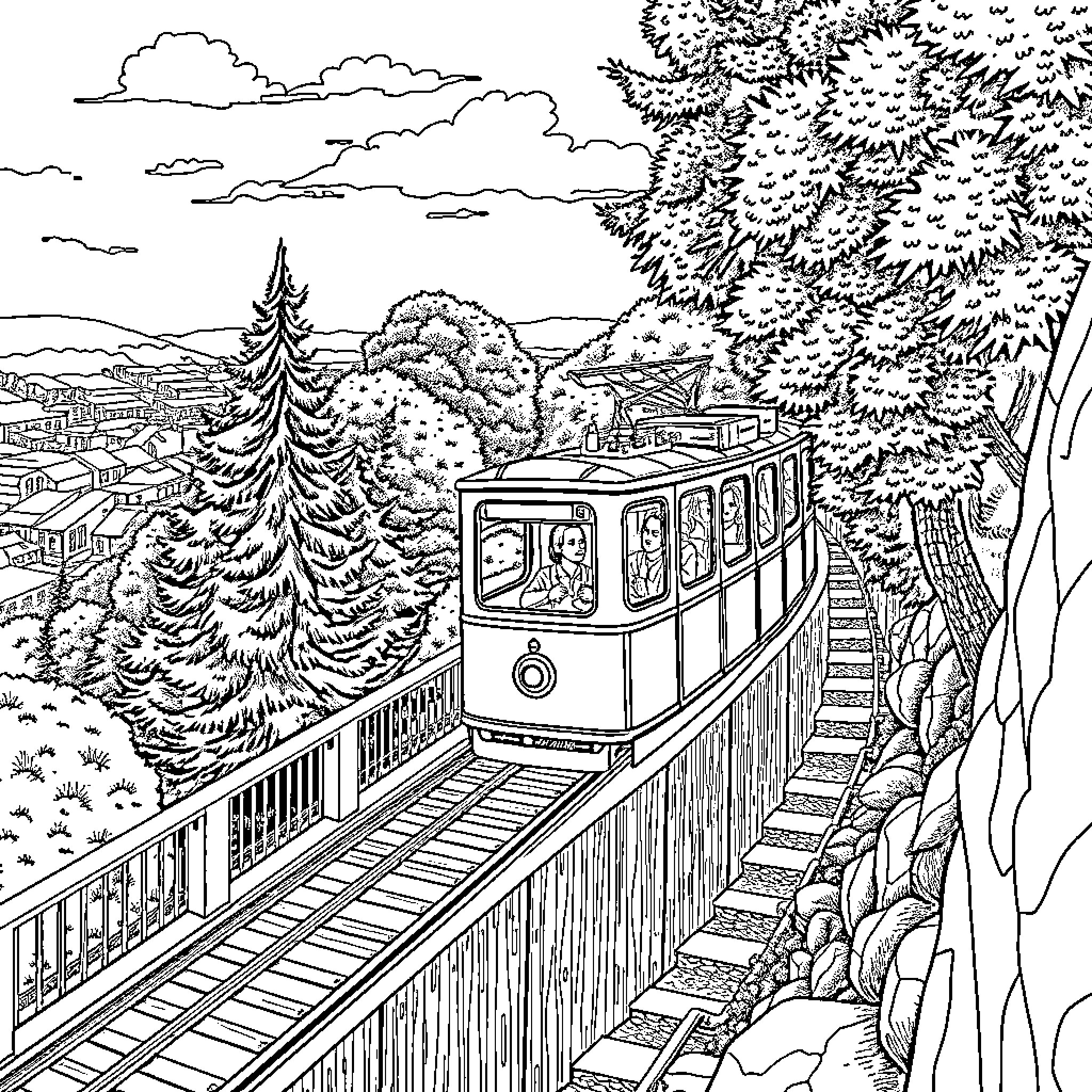 Braga Funicular climbing through scenic landscape Coloring Page (free black-and-white line drawing printable PDF for all, from beginners to advanced learners, including children, teens, adults, and seniors)