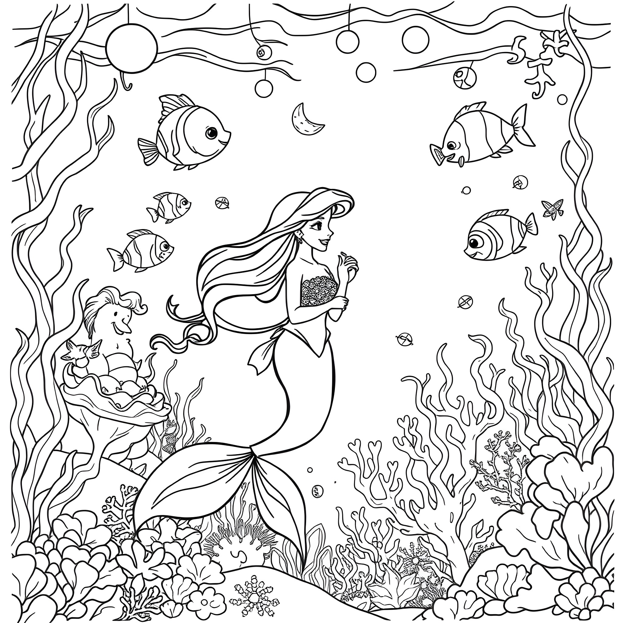 Mermaid in an enchanting underwater scene Coloring Page (free black-and-white line drawing printable PDF for all, from beginners to advanced learners, including children, teens, adults, and seniors)