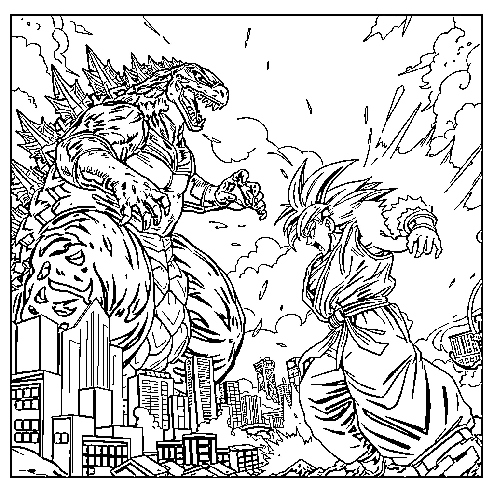 Godzilla rampaging through the city, confronting a determined warrior Coloring Page (free black-and-white line drawing printable PDF for all, from beginners to advanced learners, including children, teens, adults, and seniors)