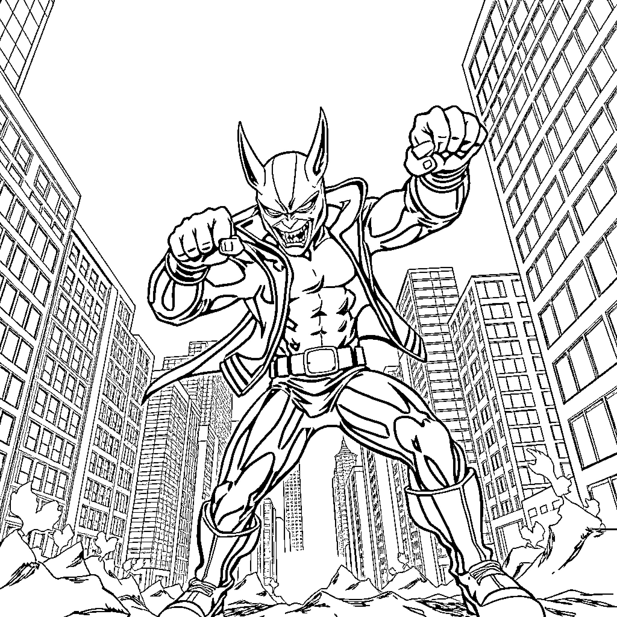 Huntrix Hero Battles Towering Foes in Cityscape Coloring Page (free black-and-white line drawing printable PDF for all, from beginners to advanced learners, including children, teens, adults, and seniors)