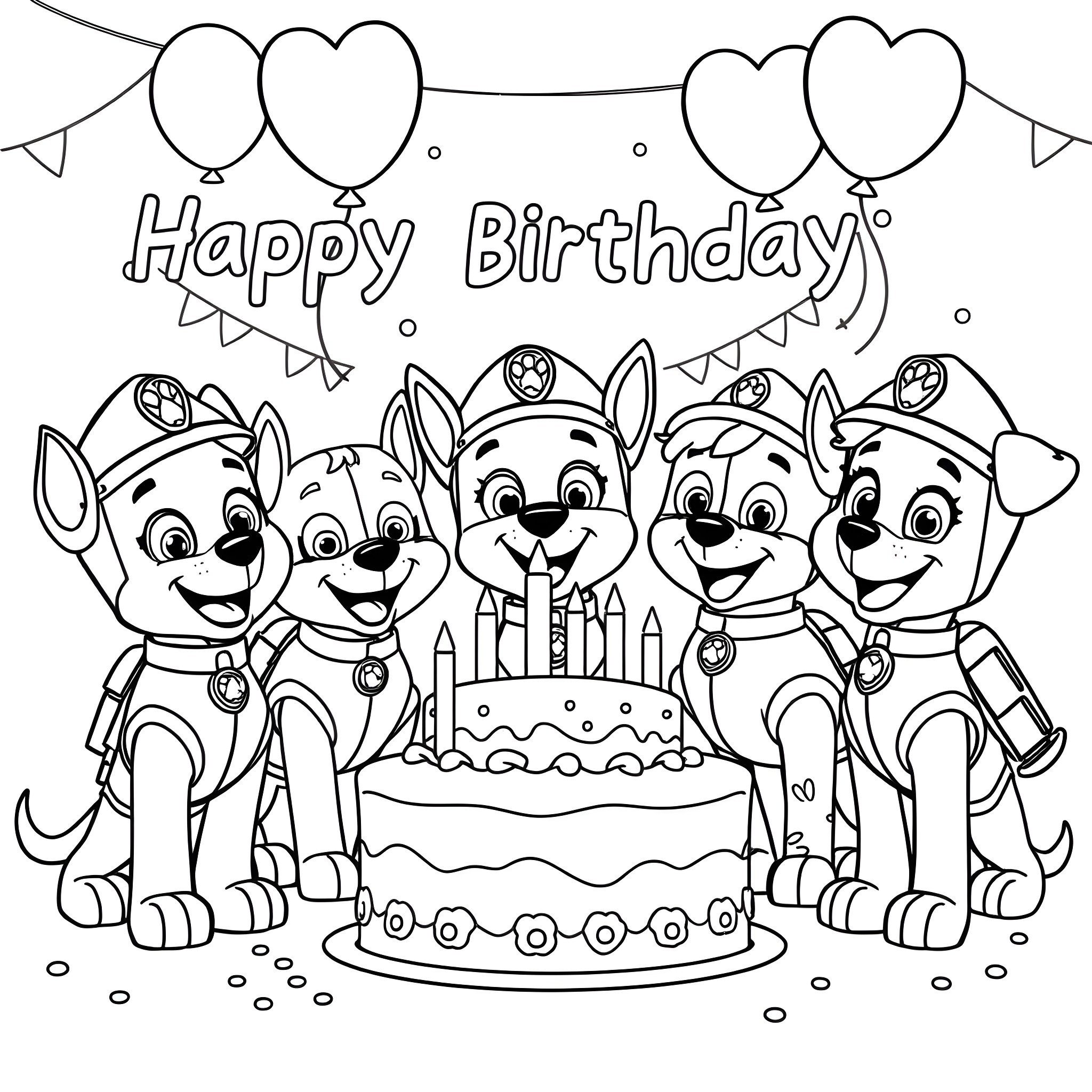 Paw Patrol Characters Celebrate a Happy Birthday Coloring Page (free black-and-white line drawing printable PDF for all, from beginners to advanced learners, including children, teens, adults, and seniors)