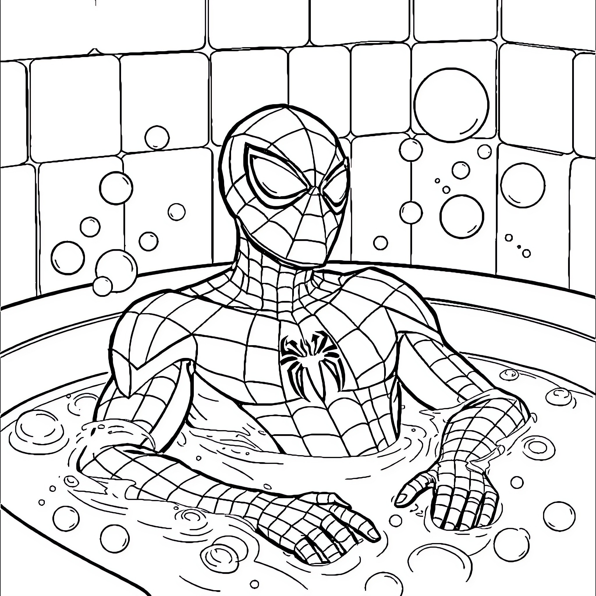 Spider-Man Underwater Adventure Coloring Page (free black-and-white line drawing printable PDF for all, from beginners to advanced learners, including children, teens, adults, and seniors)
