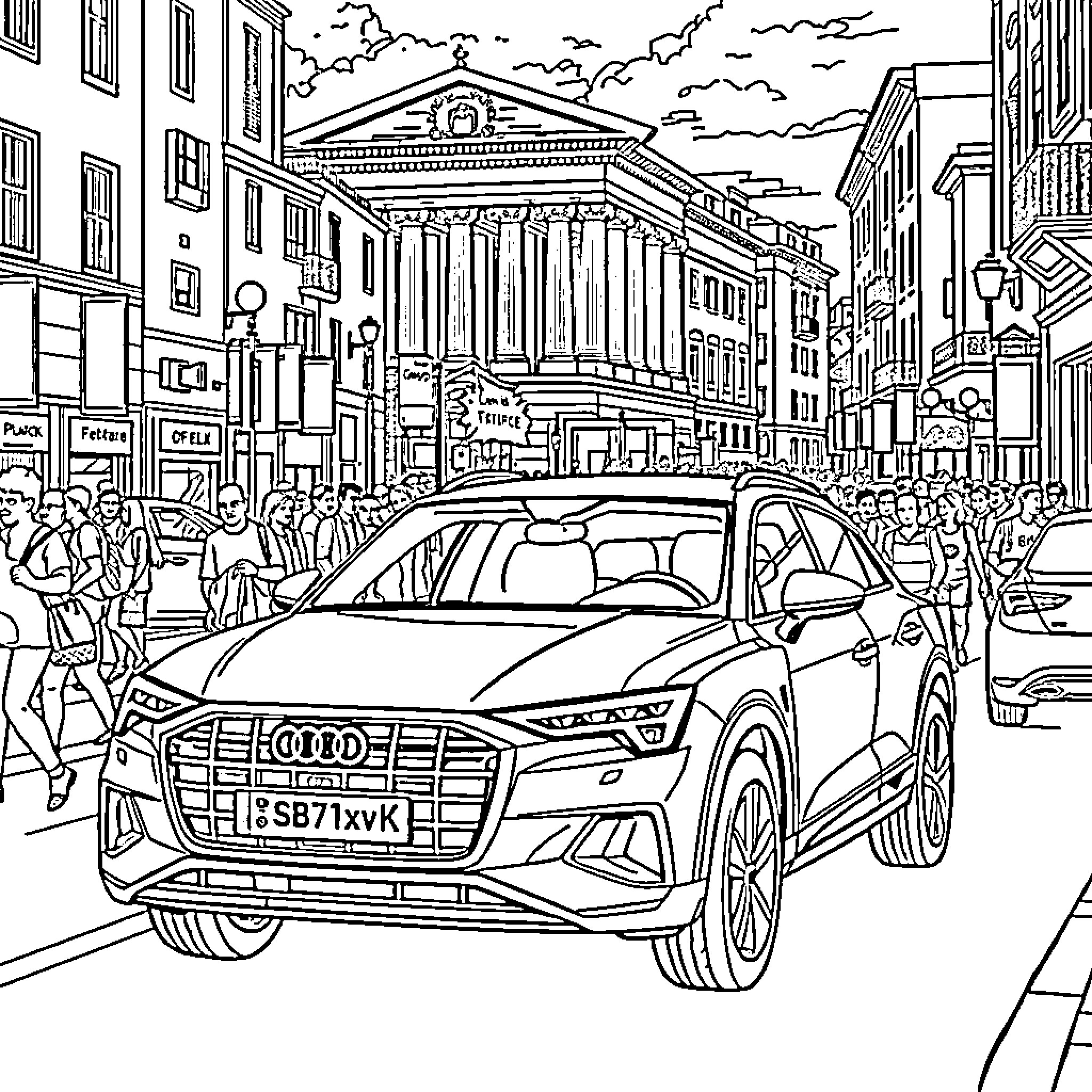 Car driving through crowded city street scene Coloring Page (free black-and-white line drawing printable PDF for all, from beginners to advanced learners, including children, teens, adults, and seniors)