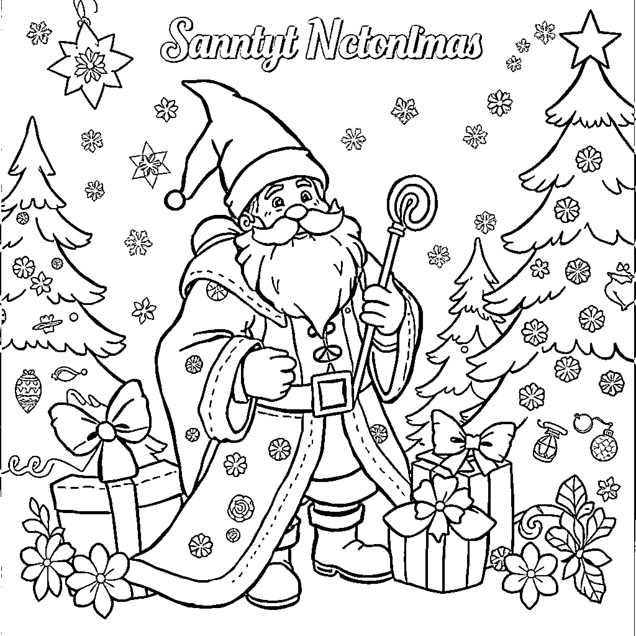 Saint Nicolas spreading Christmas cheer in a snowy wonderland Coloring Page (free black-and-white line drawing printable PDF for all, from beginners to advanced learners, including children, teens, adults, and seniors)