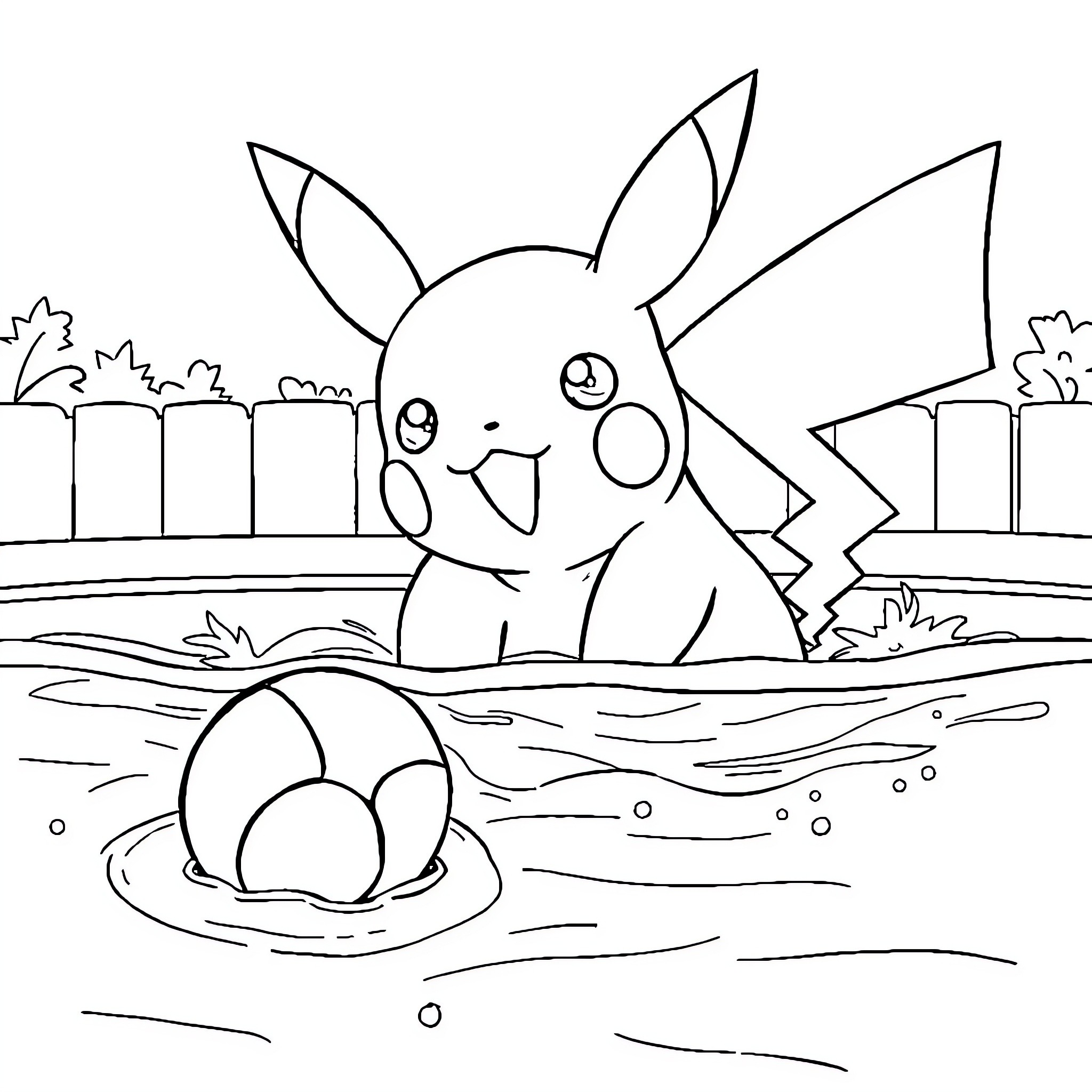Pikachu enjoying a swim with Poke Balls Coloring Page (free black-and-white line drawing printable PDF for all, from beginners to advanced learners, including children, teens, adults, and seniors)