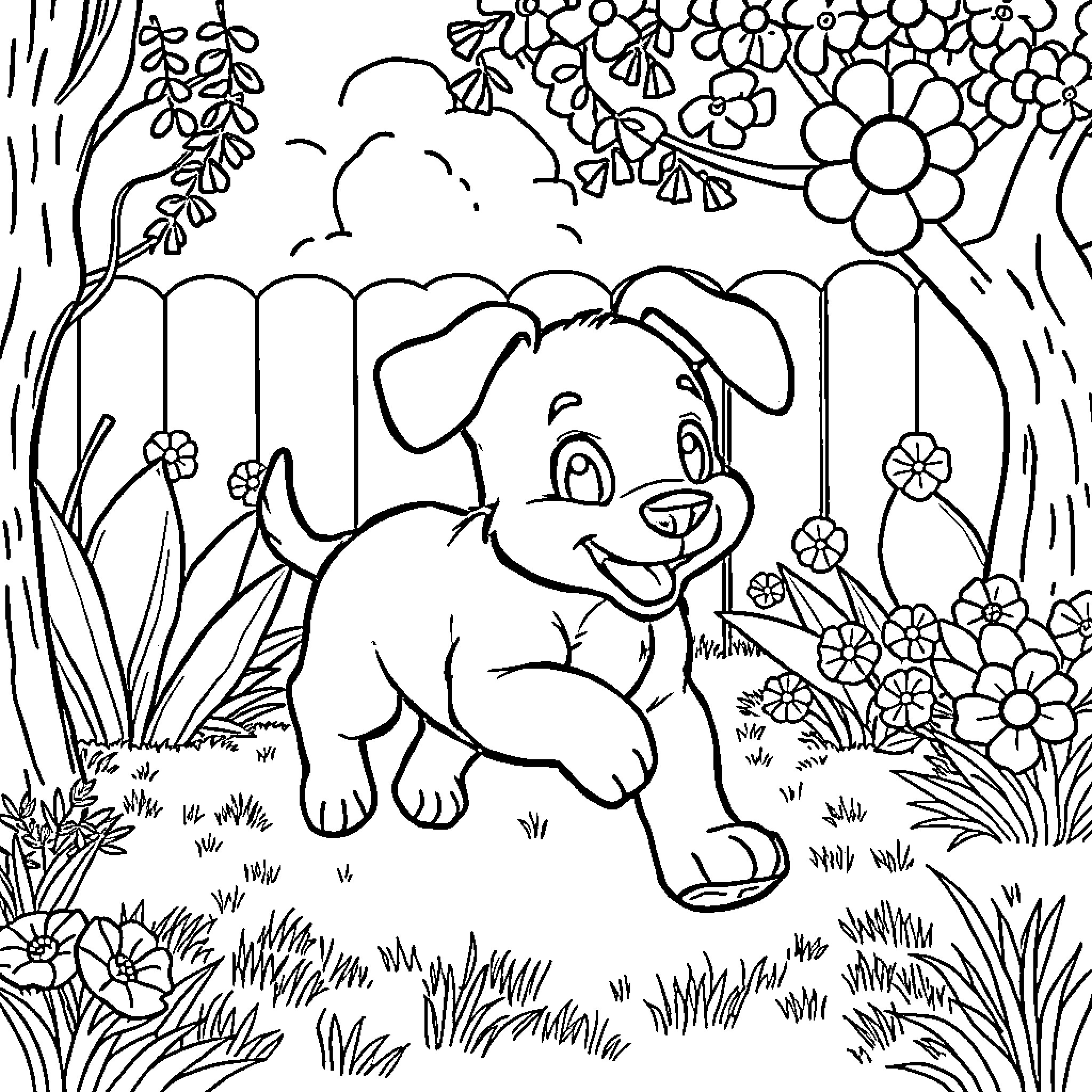 Bluey playing happily in a flowery garden Coloring Page (free black-and-white line drawing printable PDF for all, from beginners to advanced learners, including children, teens, adults, and seniors)