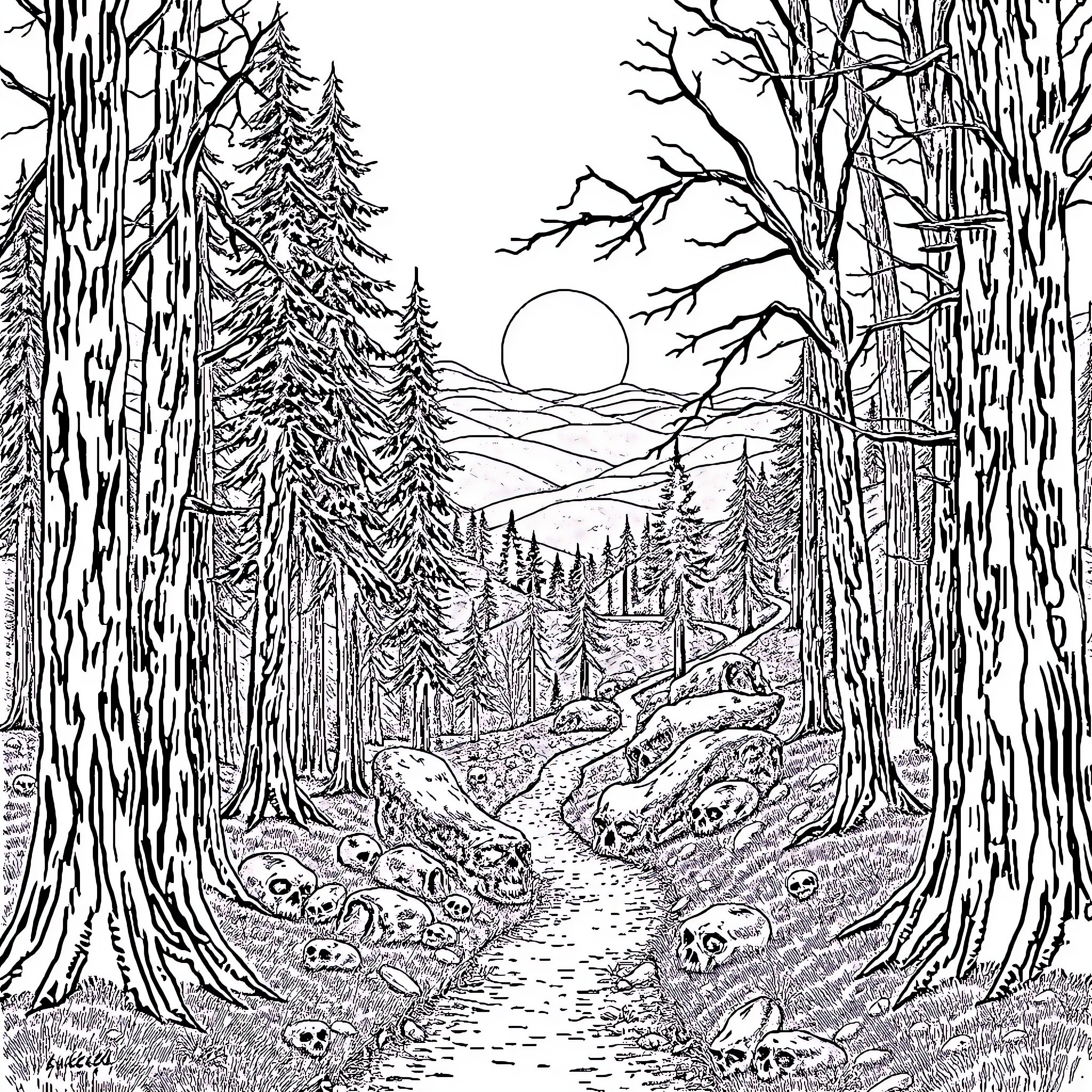 Forest Trail at Dusk Coloring Page (free black-and-white line drawing printable PDF for all, from beginners to advanced learners, including children, teens, adults, and seniors)