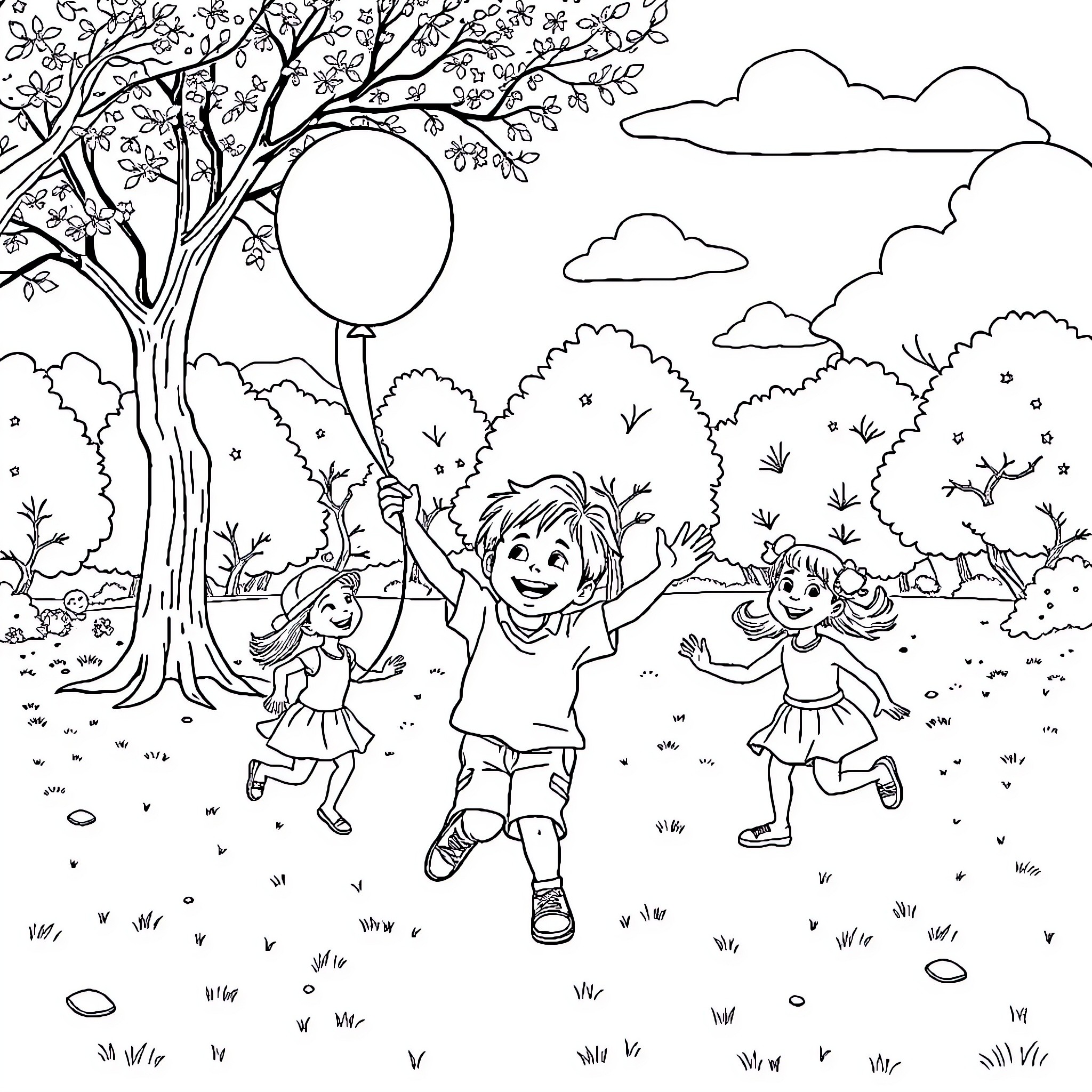 Child Playing Happily with Friends in Nature Coloring Page (free black-and-white line drawing printable PDF for all, from beginners to advanced learners, including children, teens, adults, and seniors)
