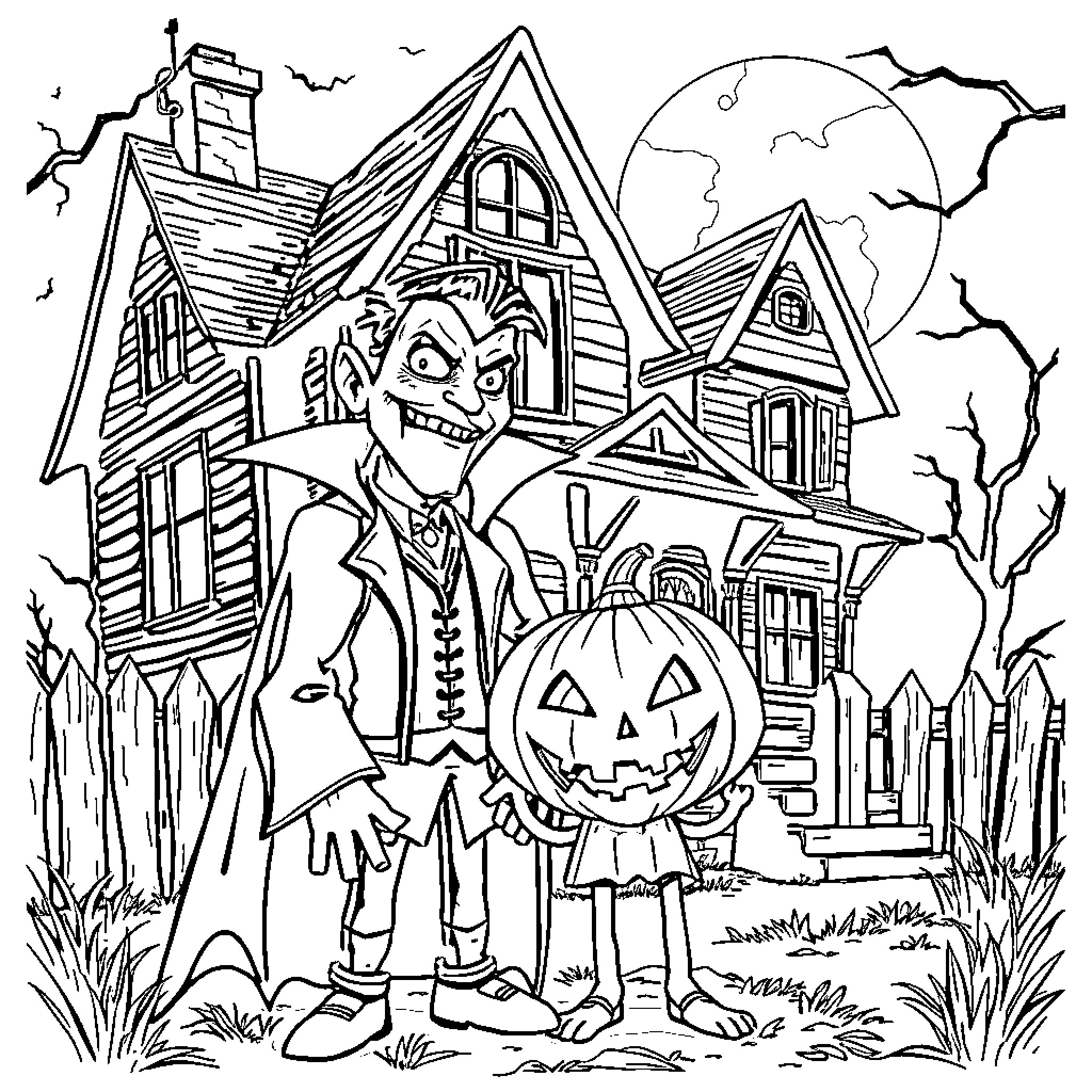 Vampire in haunted house on Halloween night Coloring Page (free black-and-white line drawing printable PDF for all, from beginners to advanced learners, including children, teens, adults, and seniors)