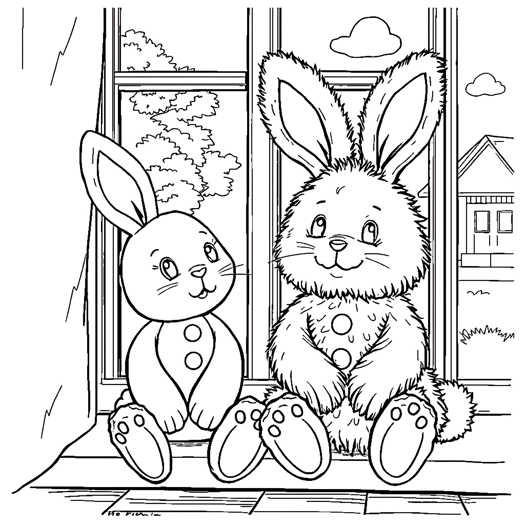 Bunny friends in a cozy window scene Coloring Page (free black-and-white line drawing printable PDF for all, from beginners to advanced learners, including children, teens, adults, and seniors)