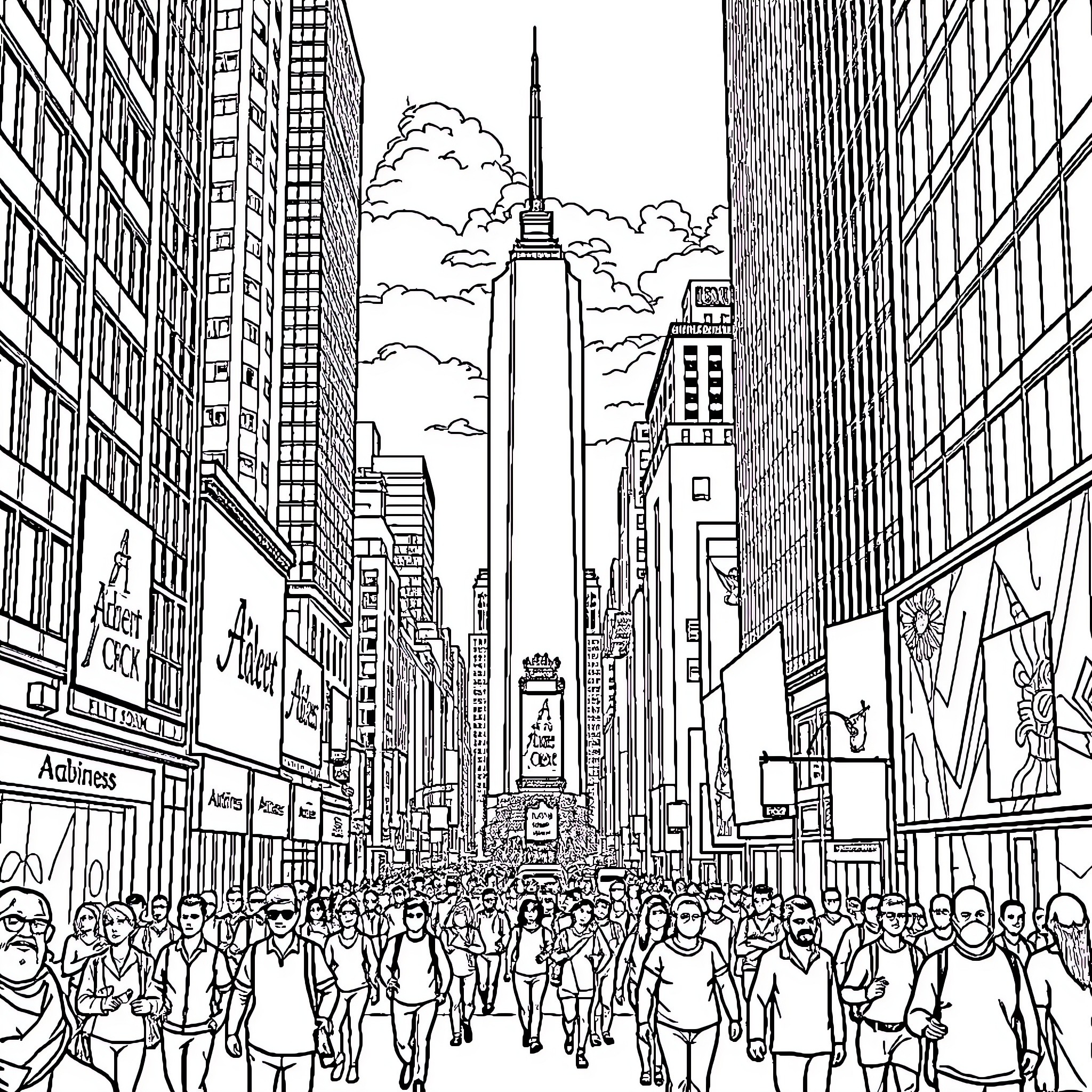 City scene with crowded street and skyscrapers Coloring Page (free black-and-white line drawing printable PDF for all, from beginners to advanced learners, including children, teens, adults, and seniors)