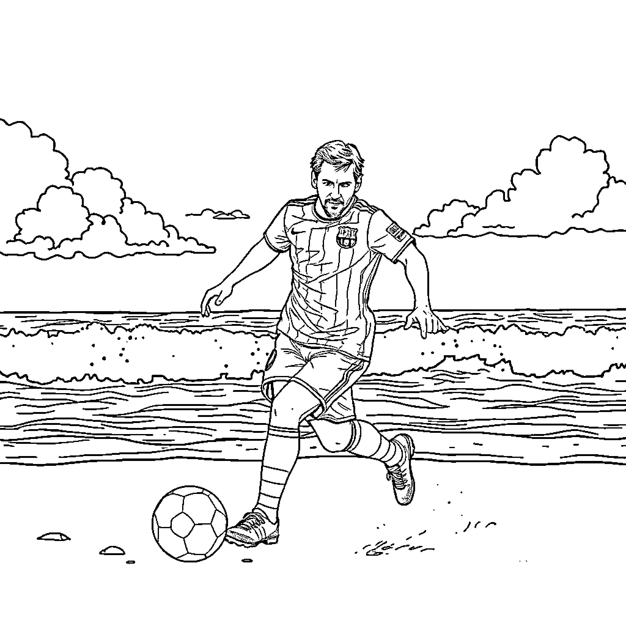 Messi playing football on the beach Coloring Page (free black-and-white line drawing printable PDF for all, from beginners to advanced learners, including children, teens, adults, and seniors)